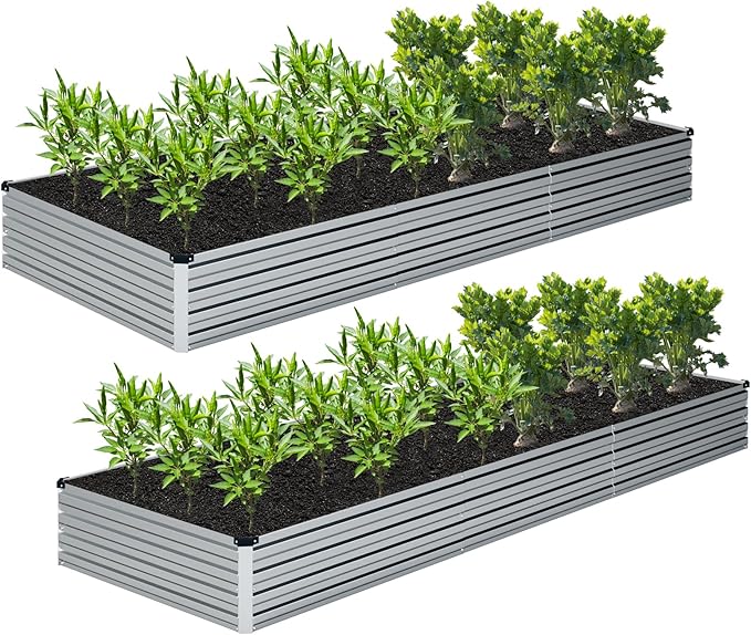 Galvanized Raised Garden Bed,2 Pcs 12×2×1FT Metal Planting Box for Outdoor Vegetable, Herb,Planter Gardening (Silver)