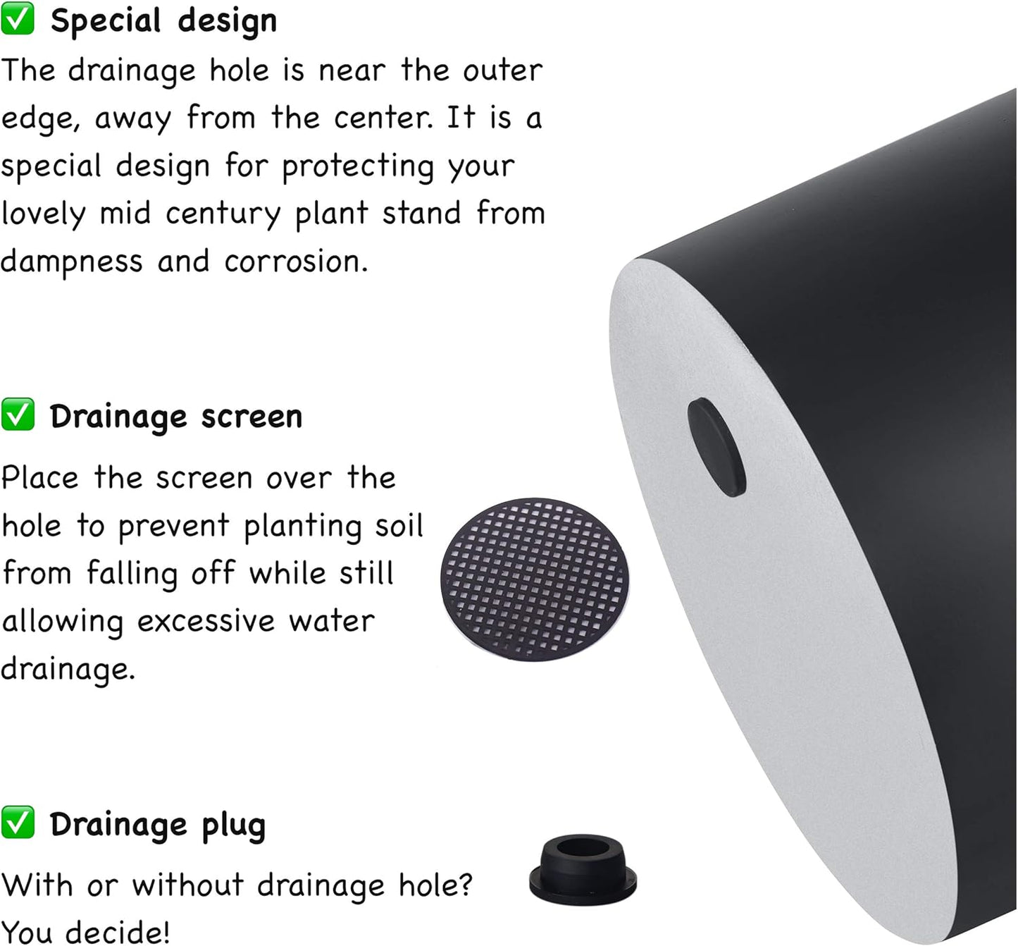 FaithLand Plant Pot 10 inch - Perfectly Fits Mid-Century Modern Plant Stand - Drainage Plug and Drainage Mesh Screen - Matte Black Planter