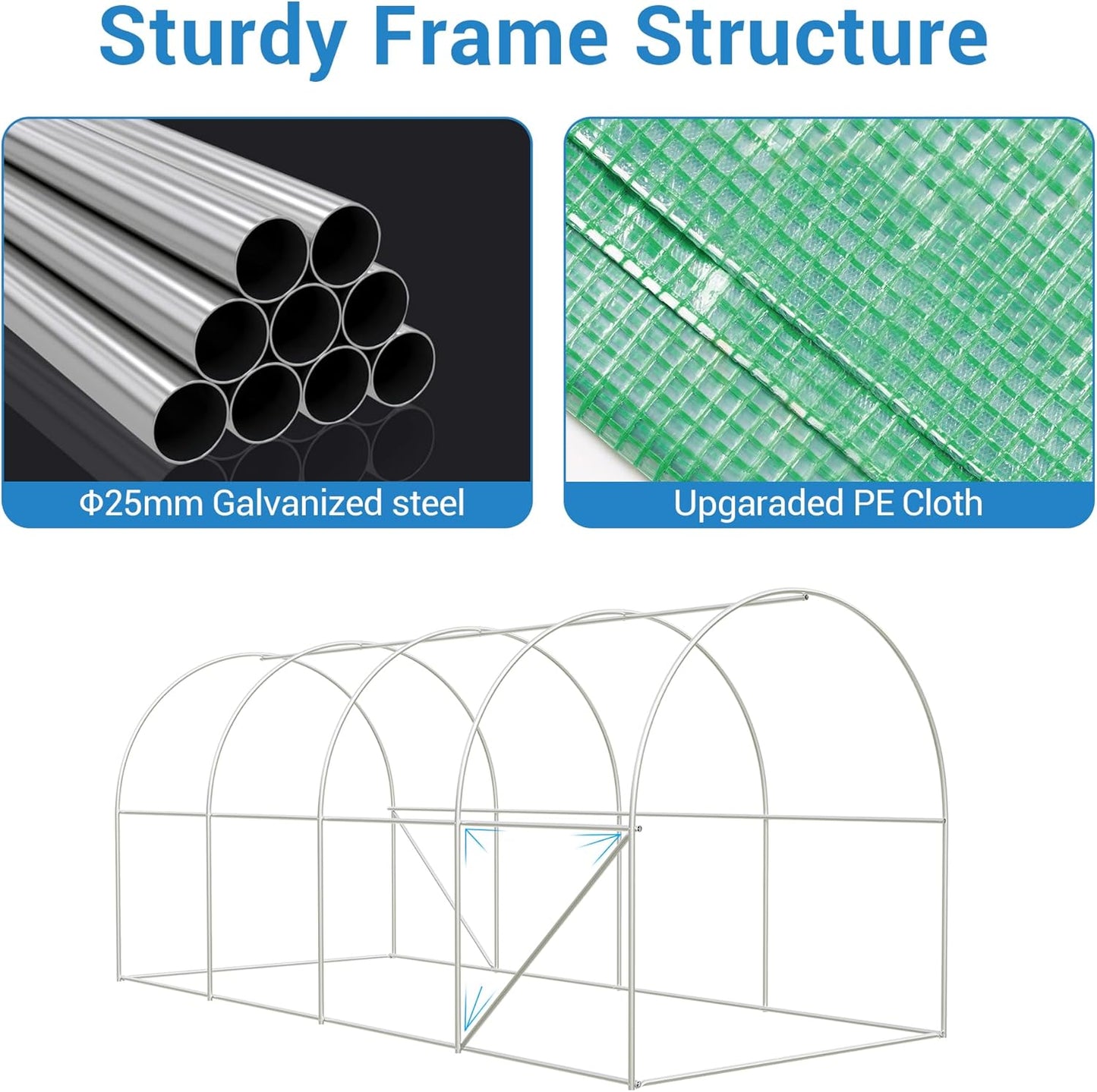 15x7x7 Ft Walk-in Tunnel Greenhouse for Outdoor Gardening - Heavy Duty Galvanized Steel Hoop House with Green PE Cover, Roll-Up Zipper Door & 8 Vent Windows, Plant Protection & Year-Round Growing