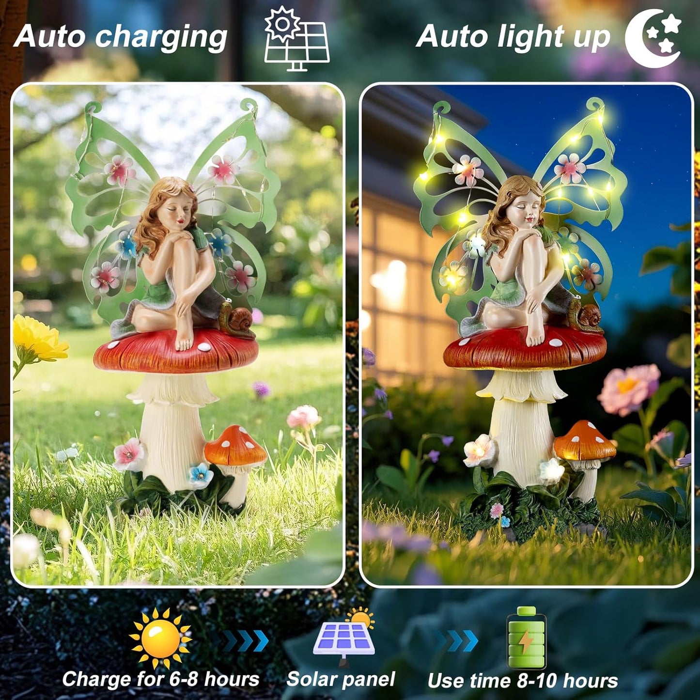Solar Fairy Garden Decor Flower Fairies Mushroom Figurines with Snail Decor Gifts for Women Mom Miniature Fairy Figurine for Lawn Garden Patio Yard Decorations Outdoor Statue