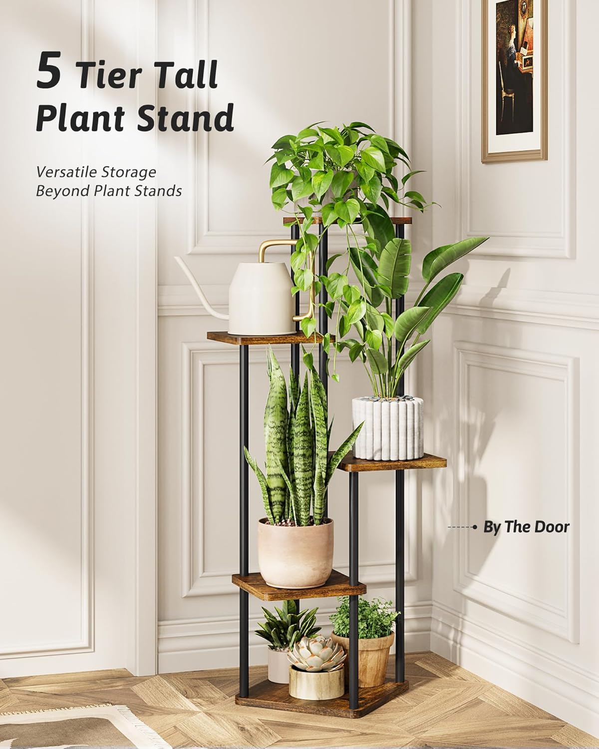 Tall Plant Stand Indoor 5 Tiered Plant Shelf for Multiple Plants Coner Shelf Stand Wood Plant Stand Metal Shelving for Living Room Bedroom Balcony Patio Brown Oak