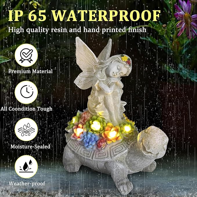 Choies Solar Angel Garden Statue Outdoor,Little Angel Sitting on Turtle Garden Sculpture for Outside,Angels Figurines Gifts for Women,Mom,Angel Outdoor Decoration for Home,Garden,Patio,Yard