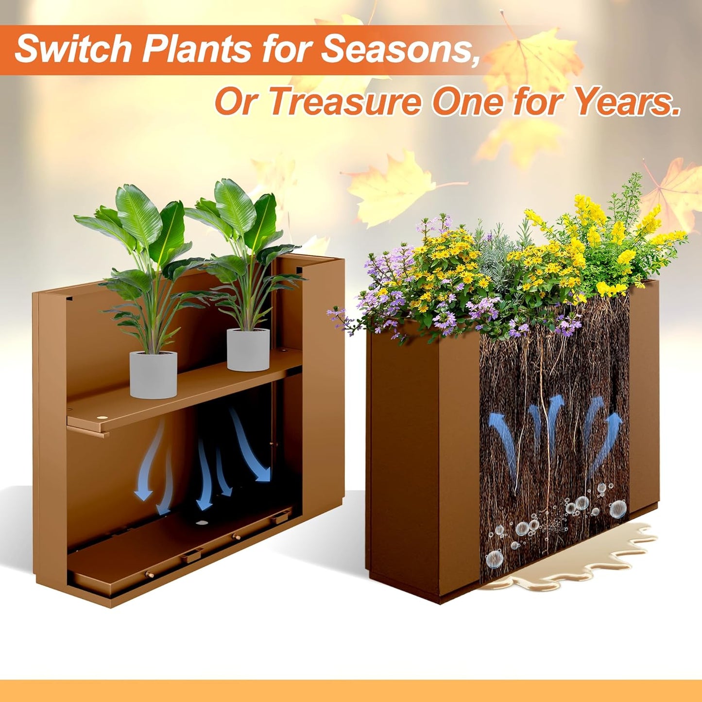 Metal Rectangular Planter for Outdoor Plants, Coated Large Planter Box with Drainage, Outdoor Patio PLanters with Sturdy Thickened Divider for Yard, Garden