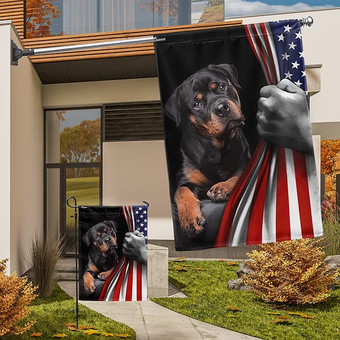 FLAGWIX Patriot American Dog Flags - Rottweiler Double Sided Flag - 4th of July Decorations for Home, Outside, Patriotic House Flag 30x40 Heavy Duty Canvas, Decorative Indoor Outdoor Flag