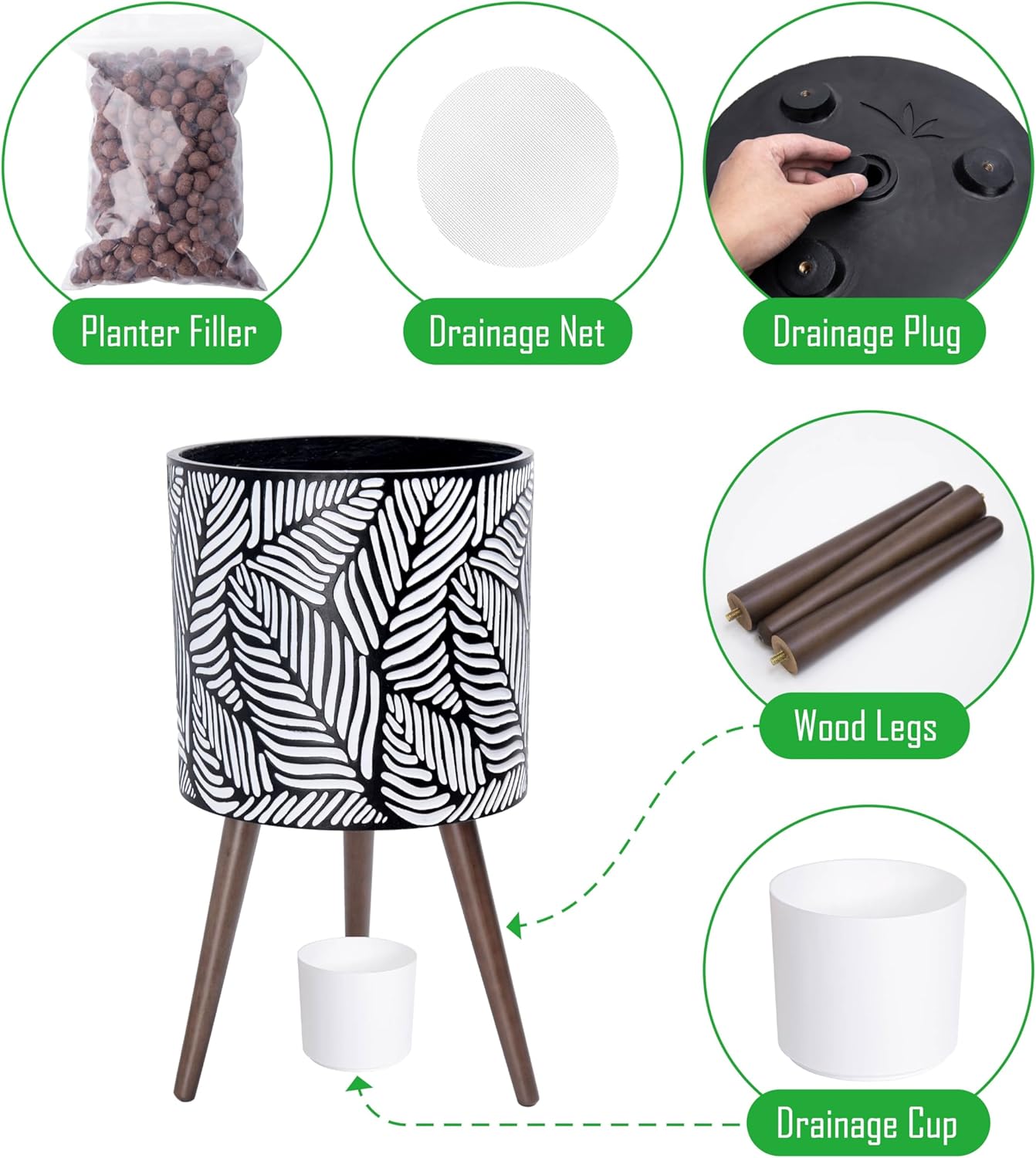 D'vine Dev 14 Inch Planter Pot with Stand, Mid-Century Tall Plant Pot with Legs for Indoor Plants, X-Large, White/Grey, 88-L-D-7