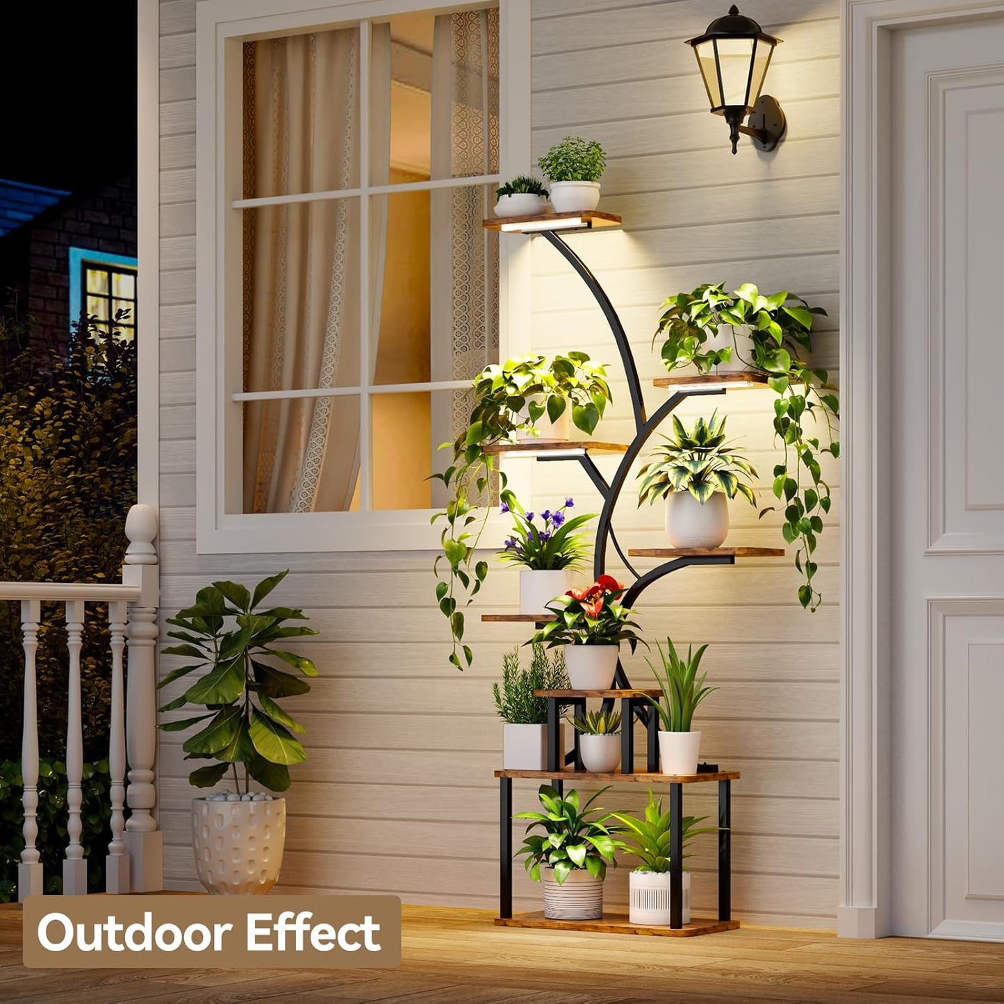 C3 Plant Stand Indoor with Grow Lights, 8 Tiered 62.2" Tall Plant Stand, Corner Large Metal & Wood Plant Shelf, S-Shaped Plant Display Shelves for Living Room, Patio, Outdoor