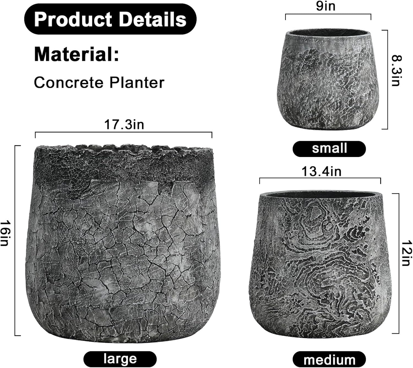 Craft flowerpots 18"+13"+9" Dia Round Concrete Planter Set of 3 Large Outdoor/Indoor Planter Pots Containers with Drainage Holes and Rubber Plug for Home Garden (Dark Gray, Large)