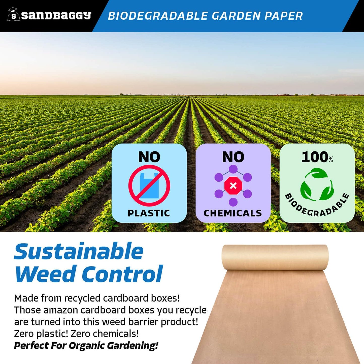 Sandbaggy Biodegradable Landscape Fabric - Garden Paper for Weeds - Paper Mulch Rolls - Made in America (2 ft x 50 ft, 1)