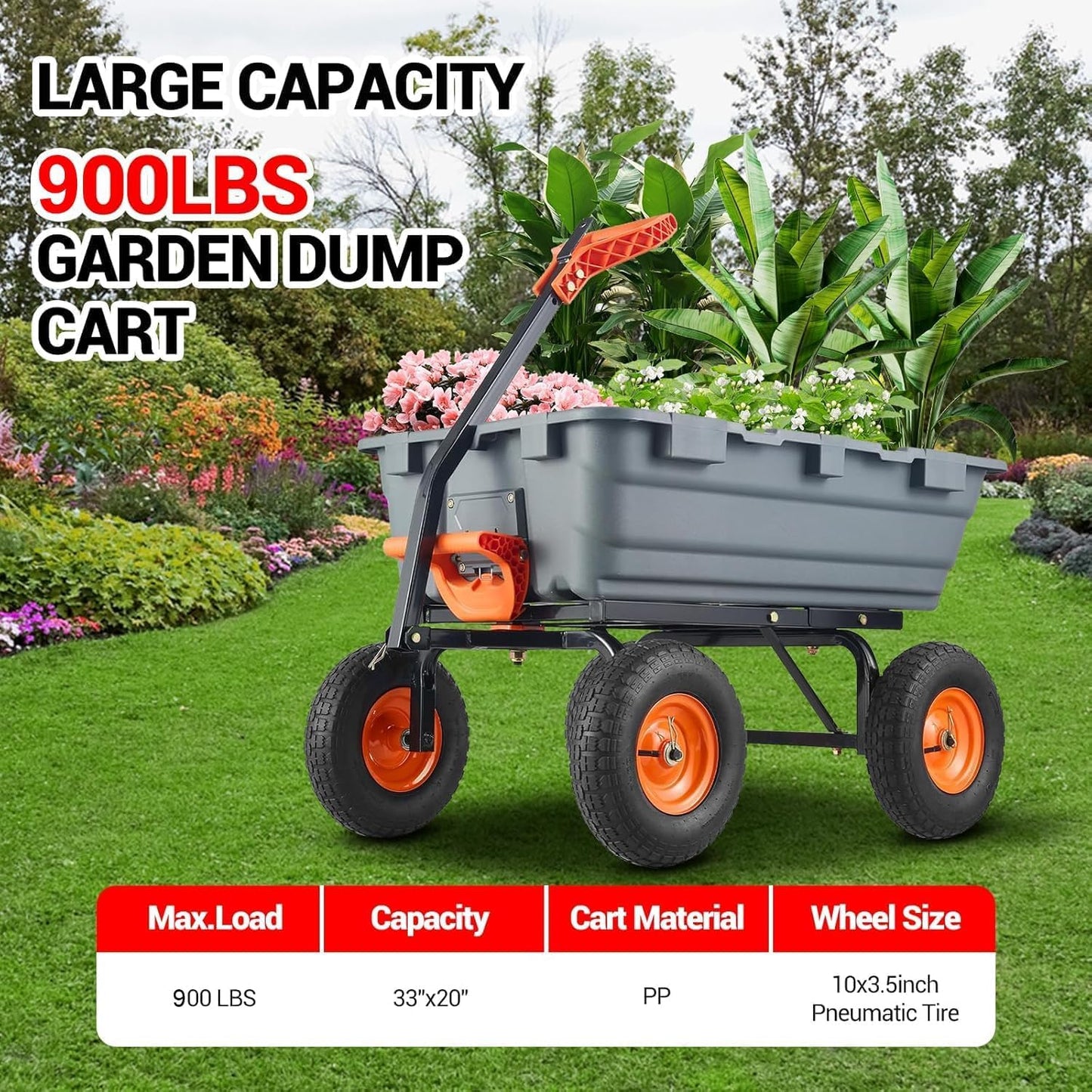 900 Lbs Poly Garden Dump Cart, Heavy-Duty Wheelbarrow with 10-Inch Tires, 180° Rotating Handle, Steel Frame and Quick Release System Garden Dump Cart for Soil Plants Gardening Tools Wood
