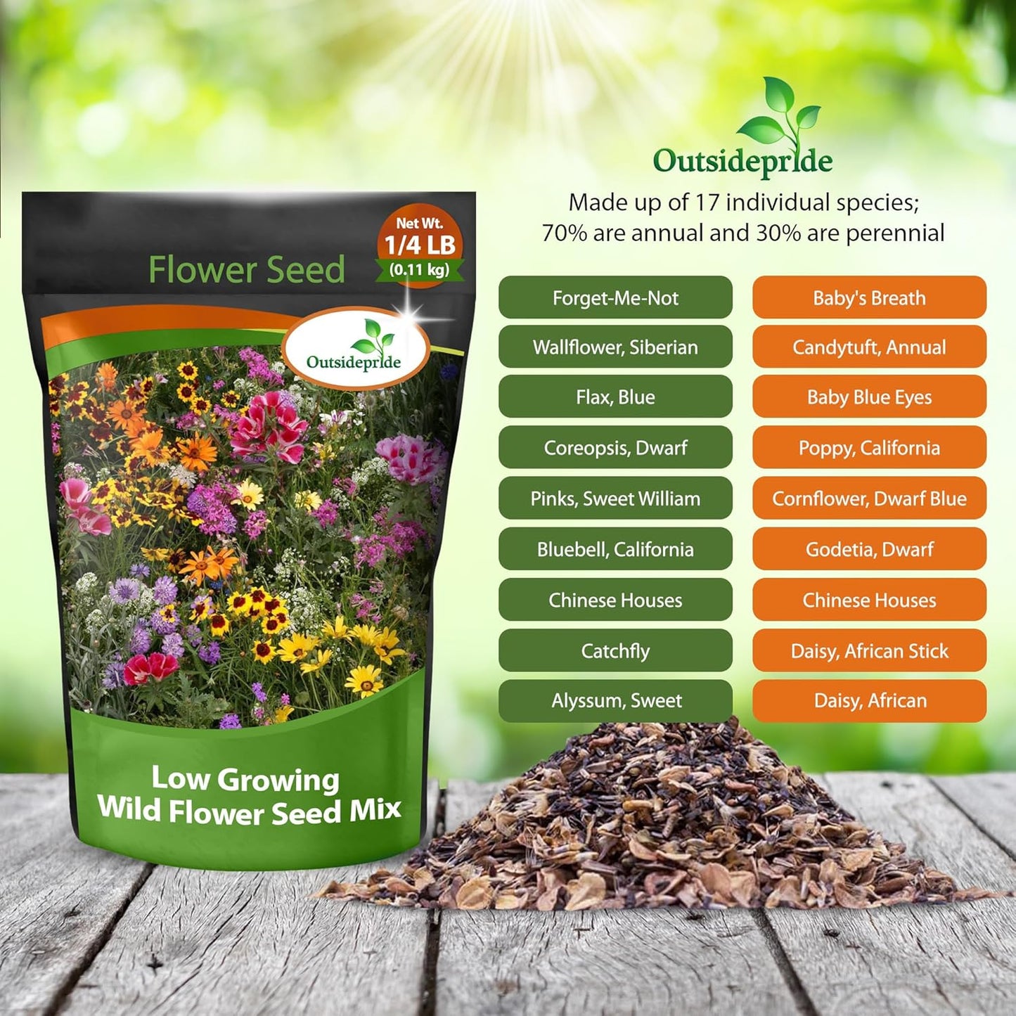 Outsidepride Low Growing Wildflower Seeds - 1/4 lb Dwarf, & Short, Diverse Perennial & Annual Wild Flower Seed Mix with Long Bloom Season for Colorful Display That Thrives on All States