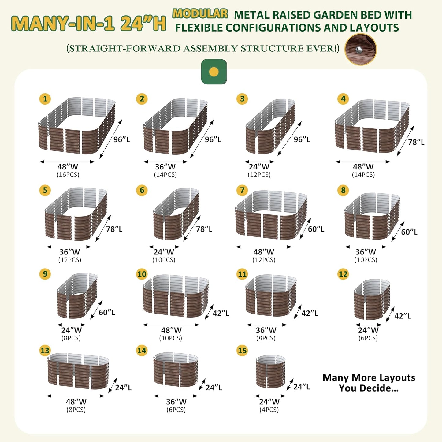 MUPATER 8x4FT Raised Garden Bed, Galvanized Raised Garden Bed with 3 Aluminum Support Rods, 24''H Mutli-in-1 Metal Garden Bed, Modular Raised Planter Box Outdoor for Vegetables, Flowers, Rustic