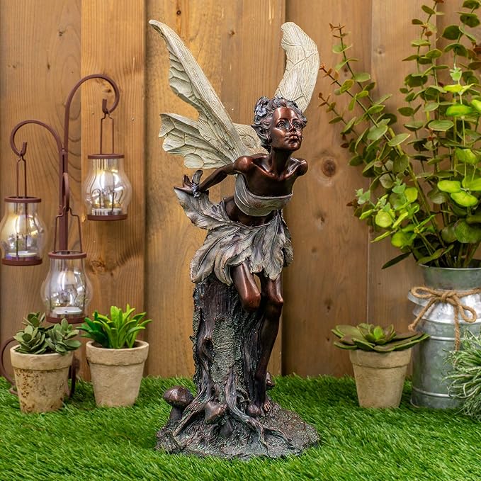 Lovely Kissing Fairy Bronze Tone 19.75 Inches Polyresin Outdoor Garden Statue