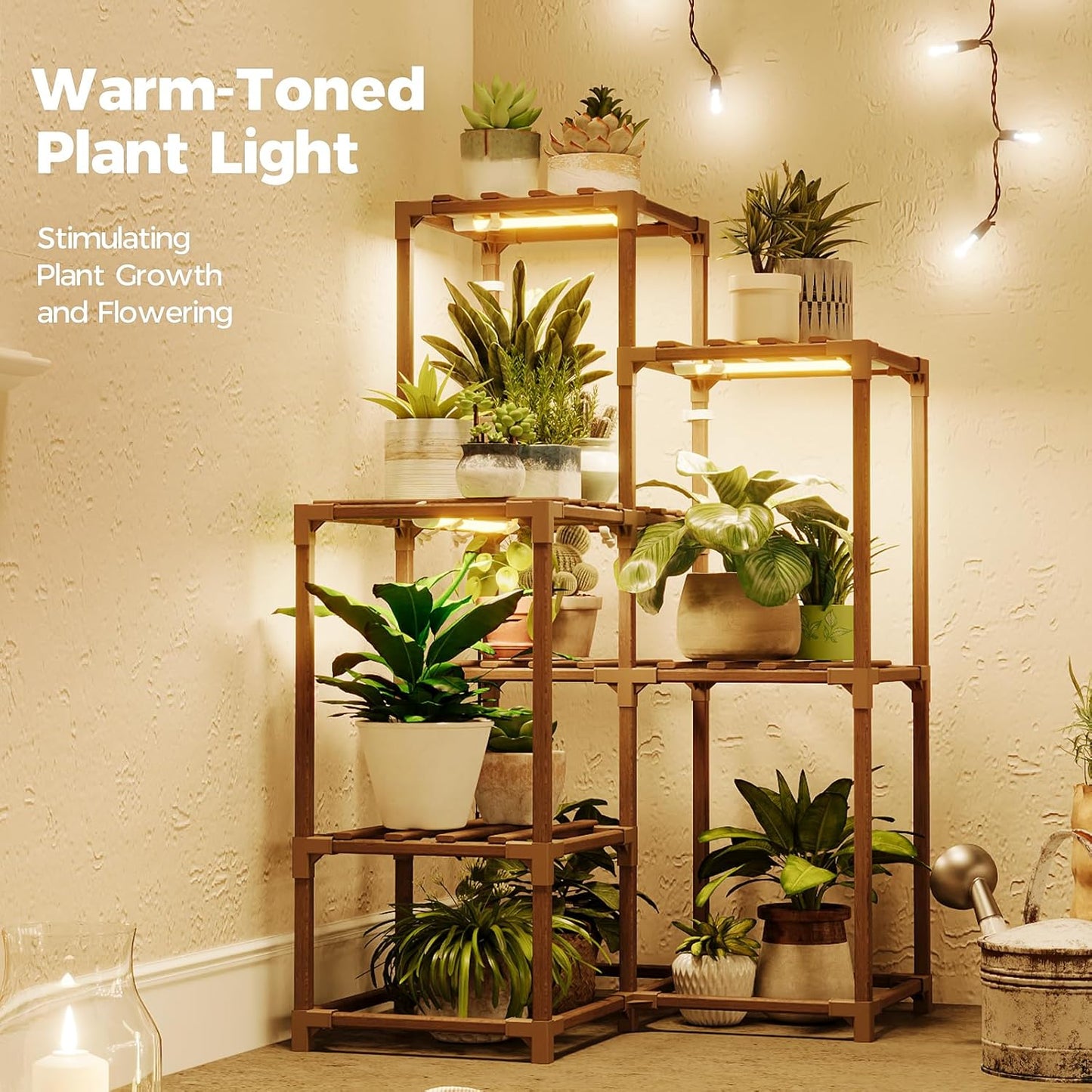 Bamworld Plant Stand with Grow Light for Indoor Plants Growing Corner Plant Shelf with Grow Lights for Living Room Patio Decor