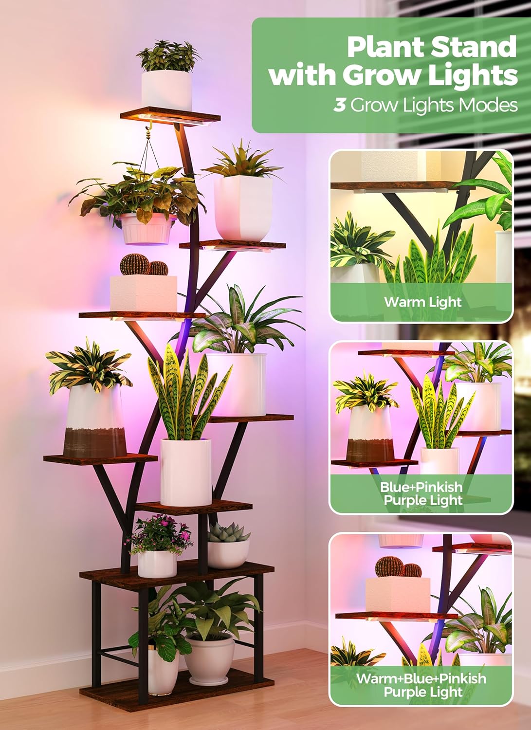 Plant Stand Indoor with Grow Lights 64" Tall Plant Shelf Corner Lighted Plant Stands for Indoor Growing Multiple Metal 8 Tiered Large S-Shape Flower Plant Rack for Home Decor Patio Balcony