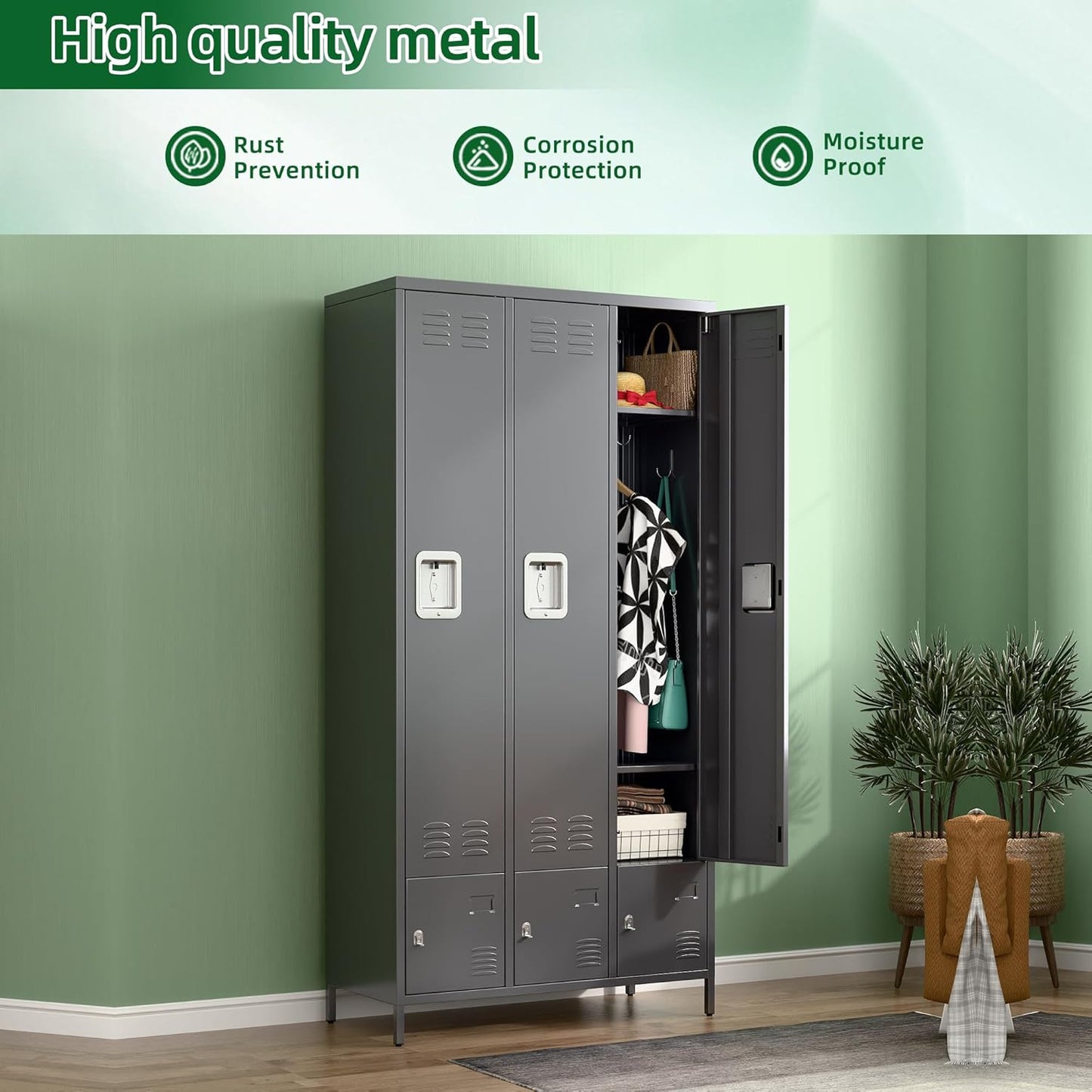 Metal Storage Locker with 3 Big Doors & 3 Small Doors, Lockers for Employees with Hooks for School Garage Office Gym Bedroom,Assembly Required,Dark Grey