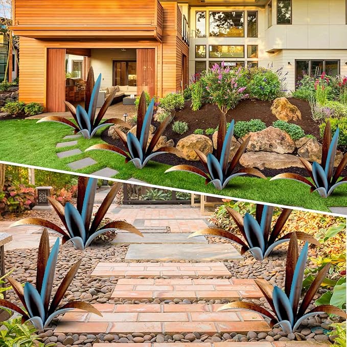DIY Metal Agave Plant Art Yard Tequila Art Sculpture, Tequila Rustic Garden Sculpture Statue Outdoor Decor,Agave Metal Plants for Yard, Garden Lawn Ornaments (9 Leaves -Blue)