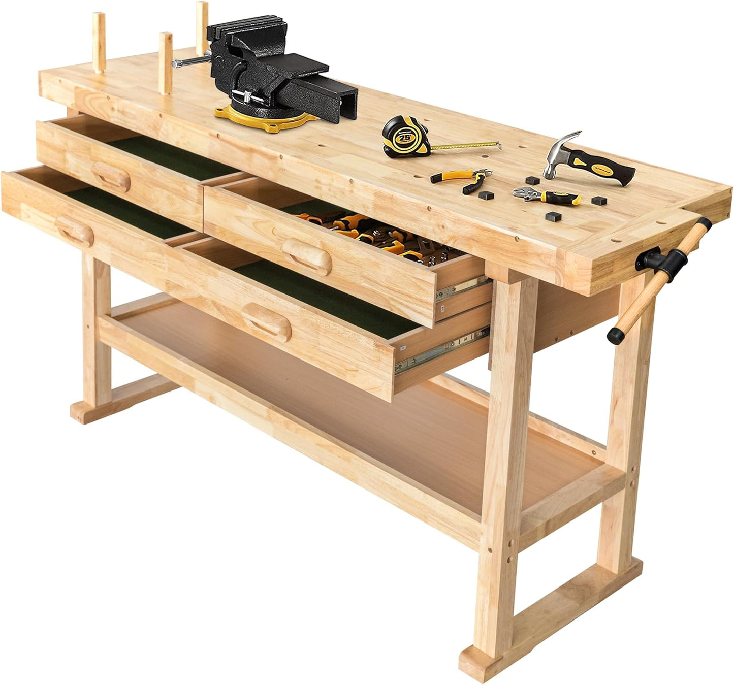 Olympia Tools 60-Inch Rubber Hardwood Workbench with 4-Drawers - 450lbs Weight Capacity Heavy Duty Portable Wood Work Bench Table for Garage, Workshop, Home Storage - Woodworking Wooden Workbenches