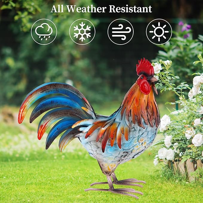 Metal Rooster Decor Garden Statue,Yard Chicken Decorations Outdoor Sculpture for Backyard Patio Kitchen Lawn Ornaments,Birthday for Women Mom