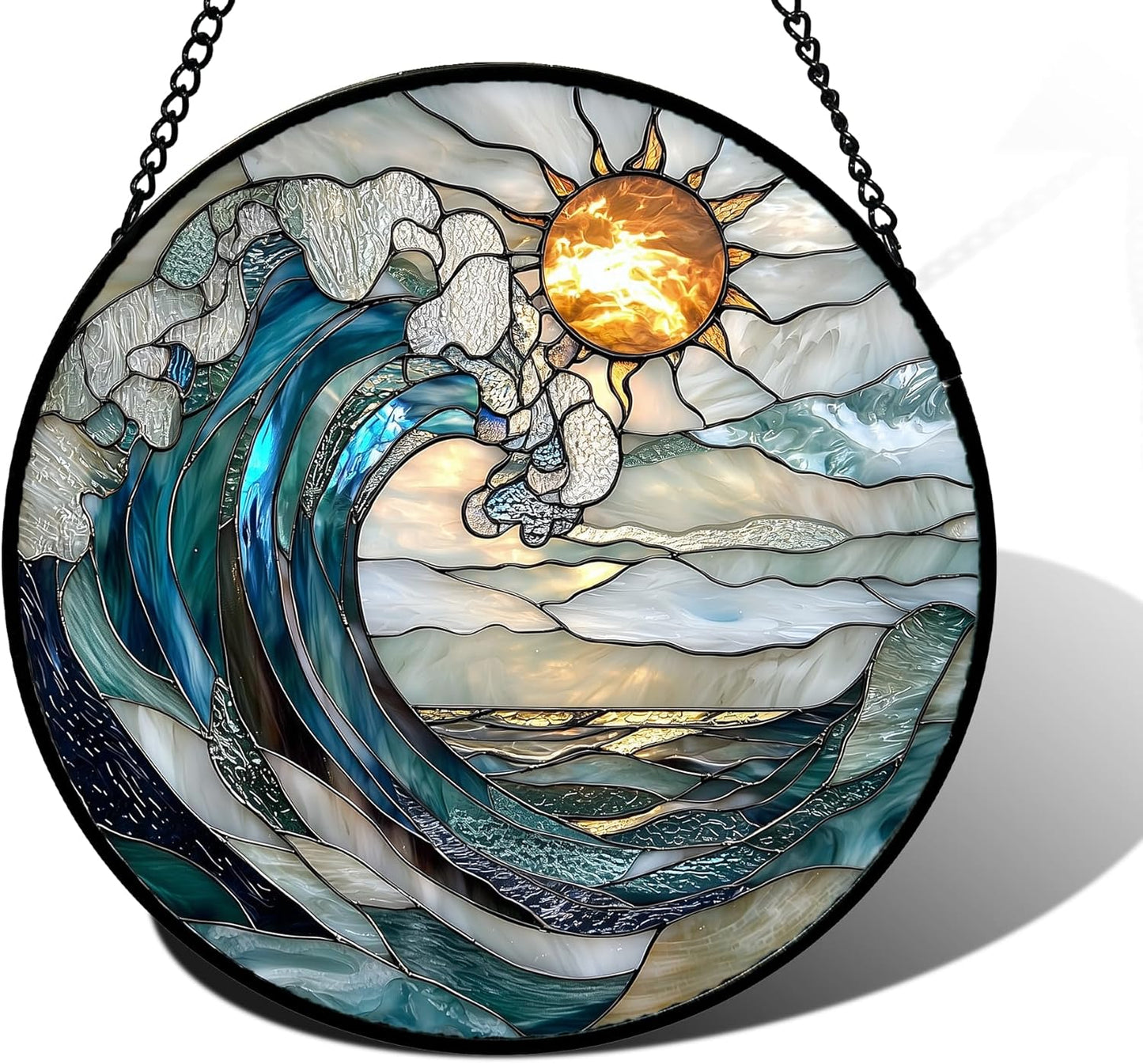 Stained Glass Window Hanging, Blue and White Waves Suncatcher Diamond Glass Panel Landscape Sun Catchers Decor for Birthday for Women, Men, Wife, Aunt, and Mom 7.8 in
