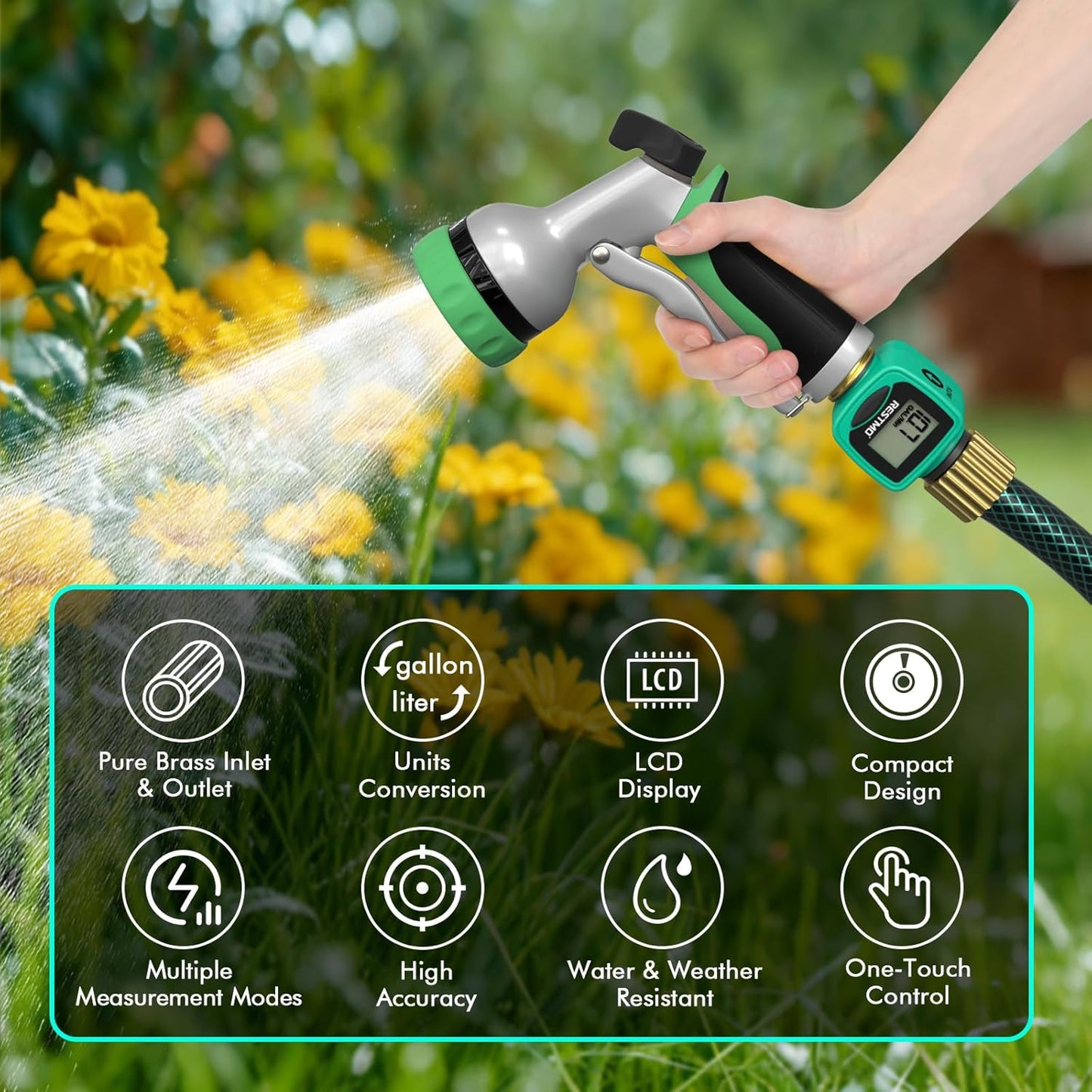 RESTMO Water Flow Meter with Brass Inlet & Outlet, Measure Gallon/Liter Consumption and Flow Rate for Outdoor Garden Hose Watering, RV Water Tank Filling, Lawn Sprinkler and Nozzle Sprayer