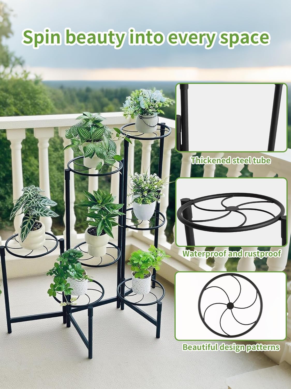 Corner Shlf Patio 7 Tier Metal Plant Stand Indoor Outdoor Tall Metal Flower Pot Stands for Multiple Plants Heavy Duty Plant Shelf Black Kite