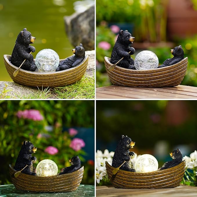 Solar Bears Boating Statues with Cracked Glass LED Lights – Funny Resin Bear Decor Garden Decorations for Patio,Balcony,Yard,Birthday Gifts for Women Mom