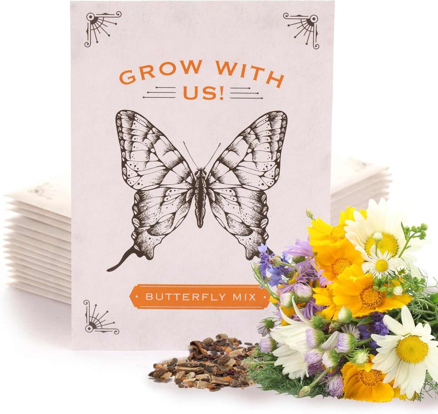 Bentley Seeds Grow with Us Pre Filled Butterfly Mix Seed Packets - 25 Individual Assortment Butterfly Mix Seed Packs for Party Favors Non-GMO Eco-Friendly Summer to Fall Gift - Outdoor Garden Seeds