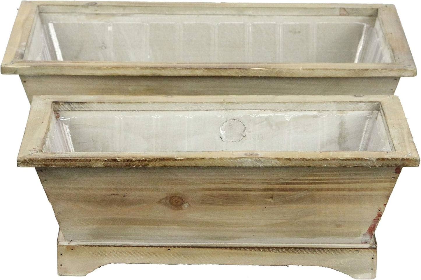 Admired By Nature Set of 2 Rustic Wood Long Rectangular Planters with Hard Liner - Rustic White Wood Finish - for Home Decor, Gardens, Plants, Flowers, Organization