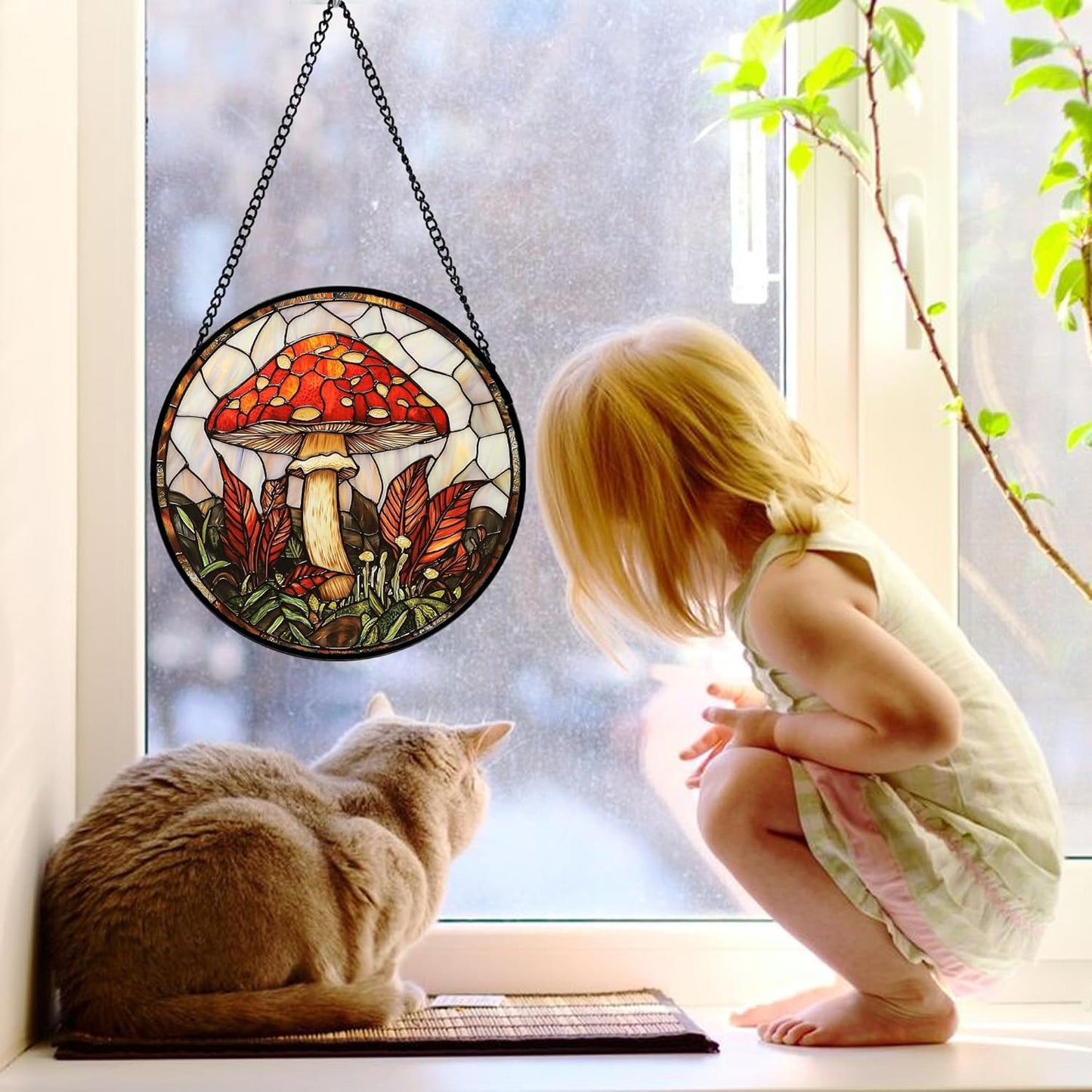 Stained Glass Window Hanging, Big Red Mushroom Suncatcher for Doors Home Sun Catchers Decoration and Christmas, Mother's Day Birthday Gifts for Women, Men, and Mom 11.8x11.8 in