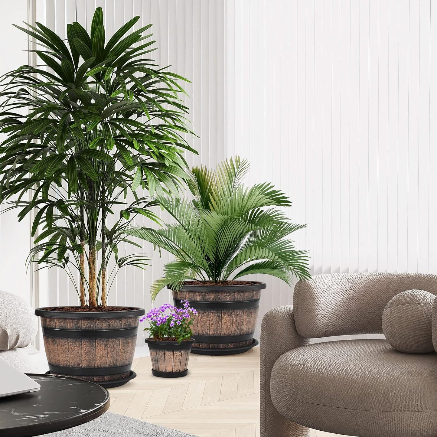 Quarut Plant Pots Set of 3 Pack 9 inch,Whiskey Barrel Planters with Drainage Holes & Saucer.Plastic Decor Flower Pots Imitation Wine Barrel Design,for Indoor & Outdoor Garden Home Plants (Brown)