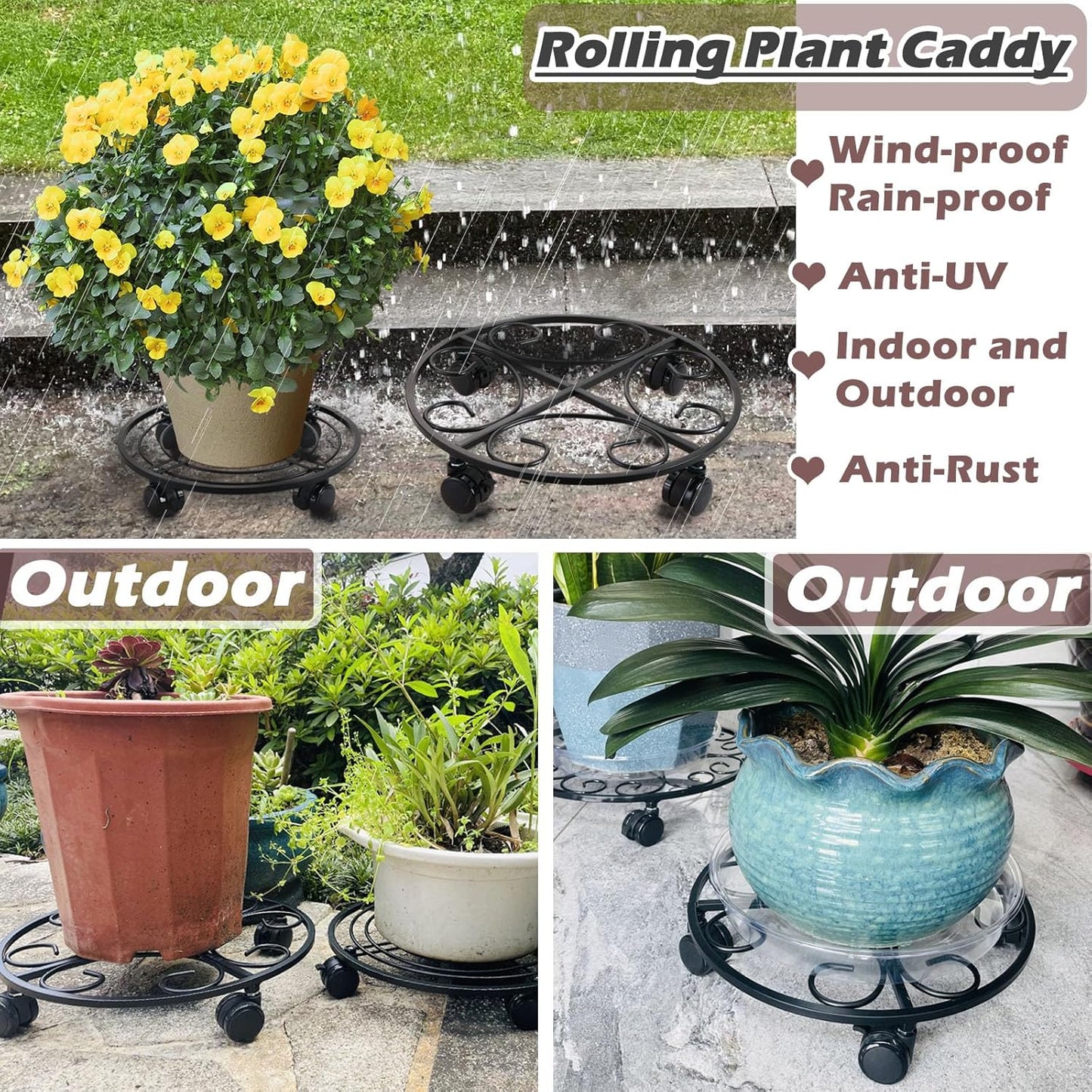 3 Packs 12" Metal Plant Caddy with Wheels Large Rolling Plant Stands Indoor Wheeled Plant Dolly Heavy-duty Pot Mover Roller Base Outdoor Plant Trolley Cart with Casters Water-proof Dust-proof, Black