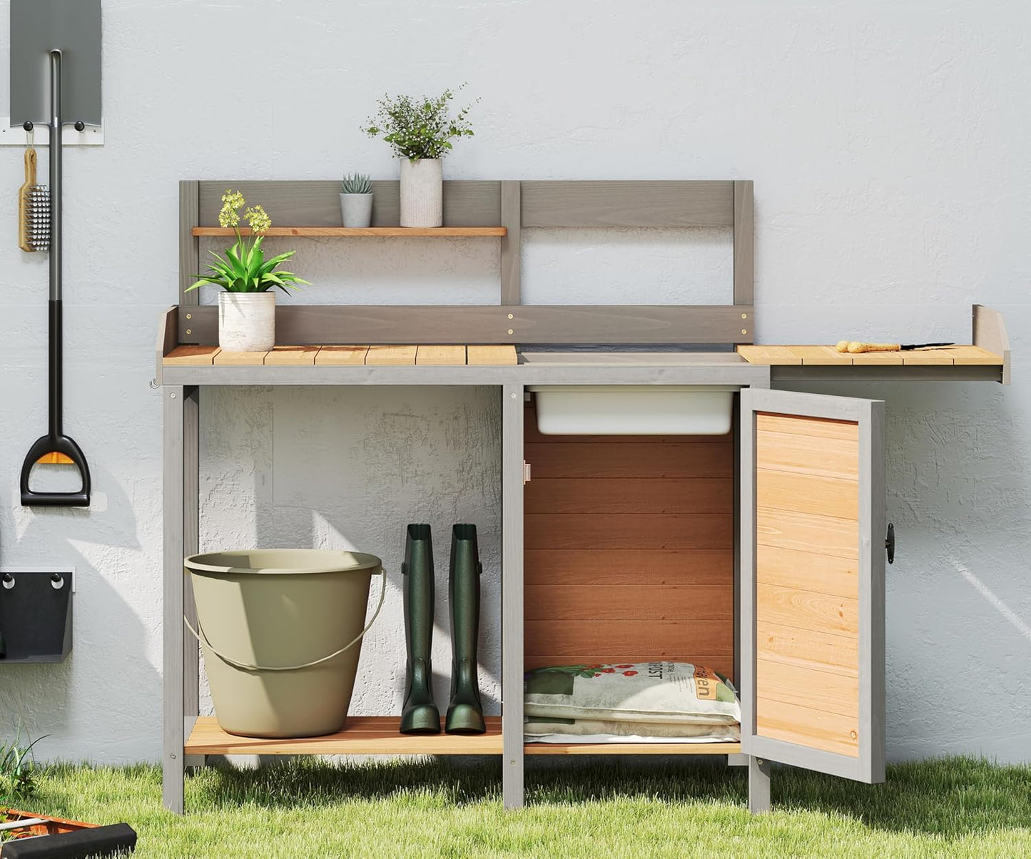 Wooden Potting Bench Table with Sink,Outdoor Garden Table Work Bench with Storage, Workstation for Outside Lawn Patio