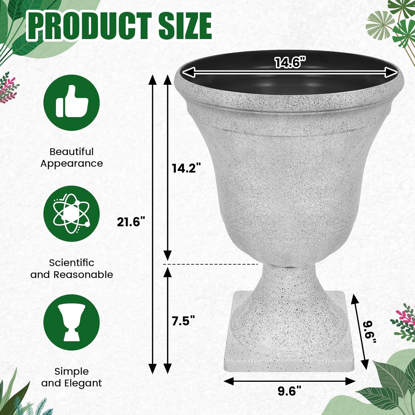 Dandat 4 Pack Large Outdoor Urn Planter 22 inch Tall Plastic Planter for Front Proch Classic Vase Decorative Garden Pot for Indoor Outdoor Door Patio Deck Decor(White)