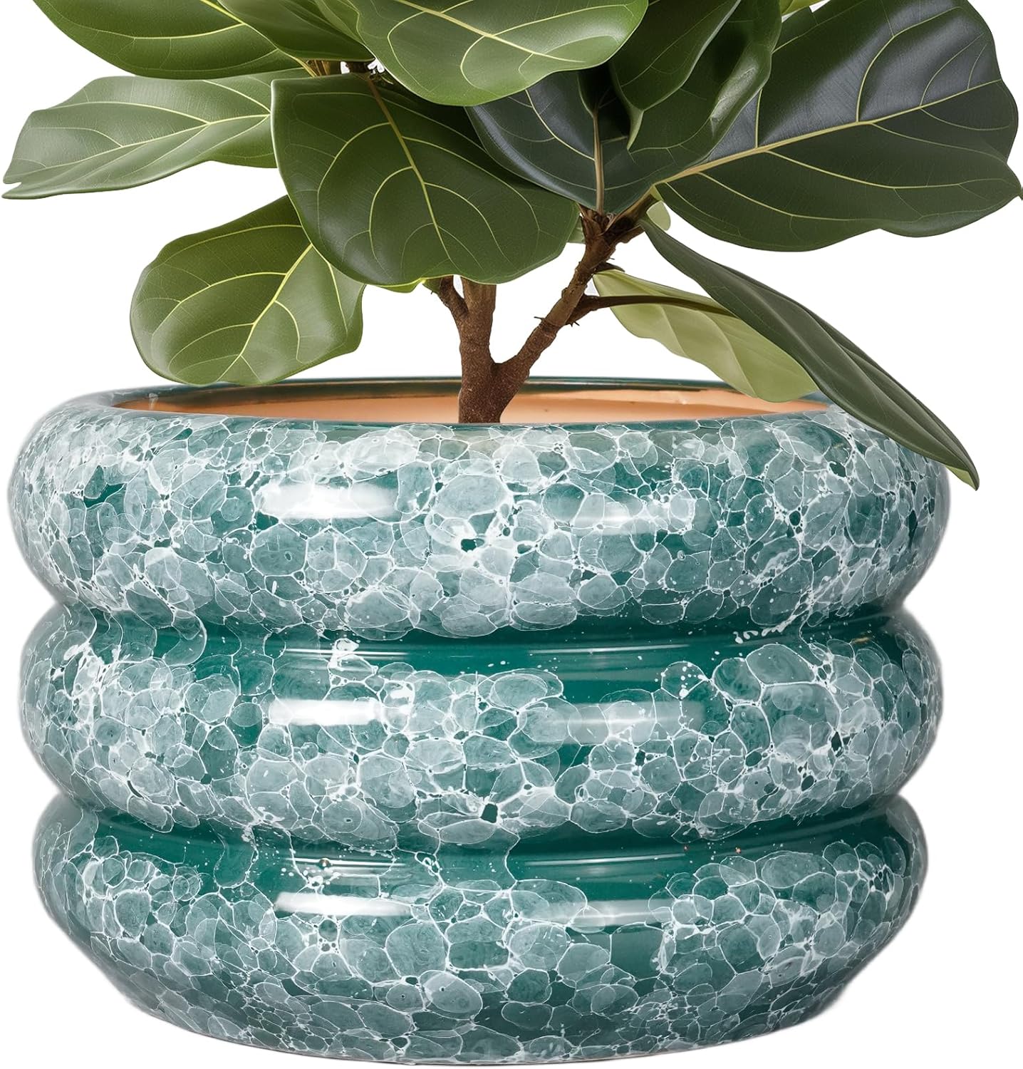 SQOWL Ceramic Planter for Indoor Plants 13.5 Inch - Large Plant Pot with Drainage Hole Outdoor Flower Pot Round Planter Decorative Plant Pot for Garden Bathroom Decor Green