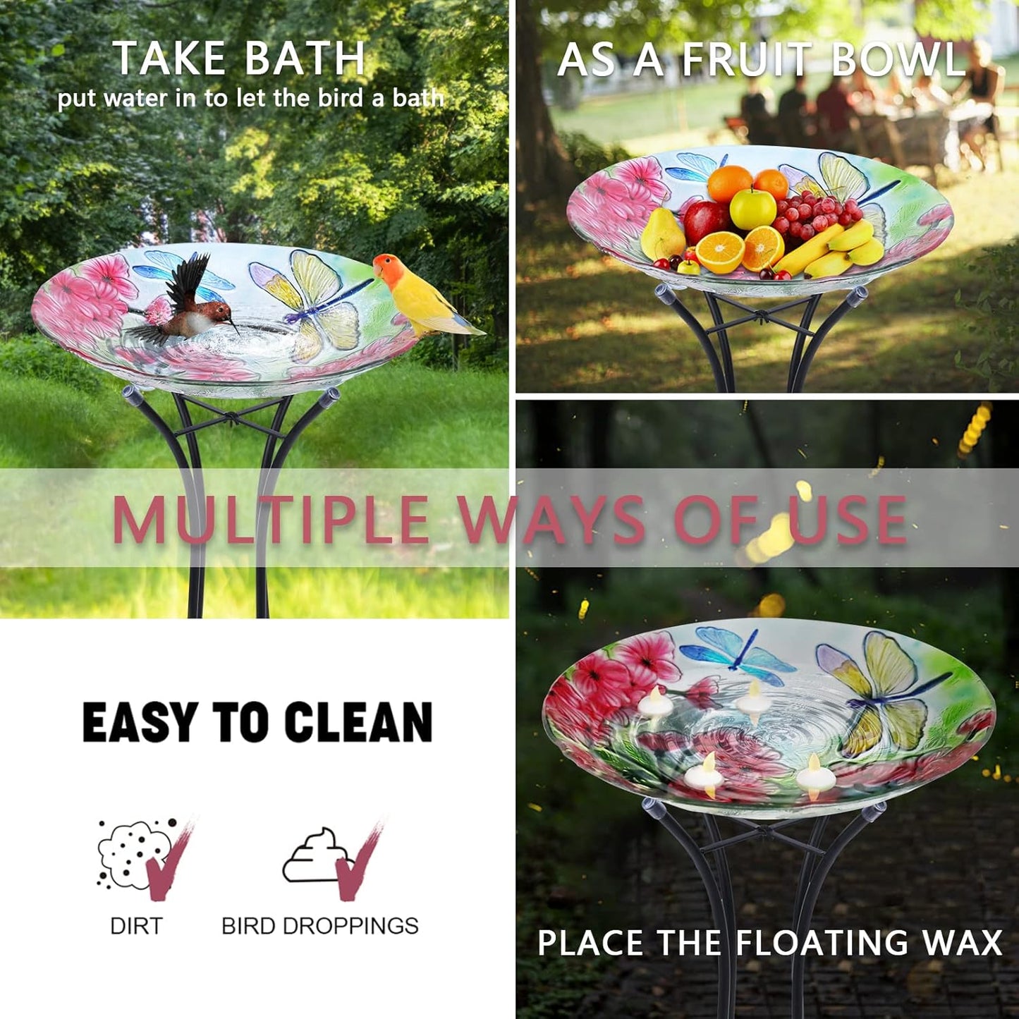 MUMTOP Bird Bath-Bird Baths for Outdoors - Dragonfly Large Bird Bath Bowl with Metal Stand, Glass BirdBaths for The Garden Lawn Yard Decor