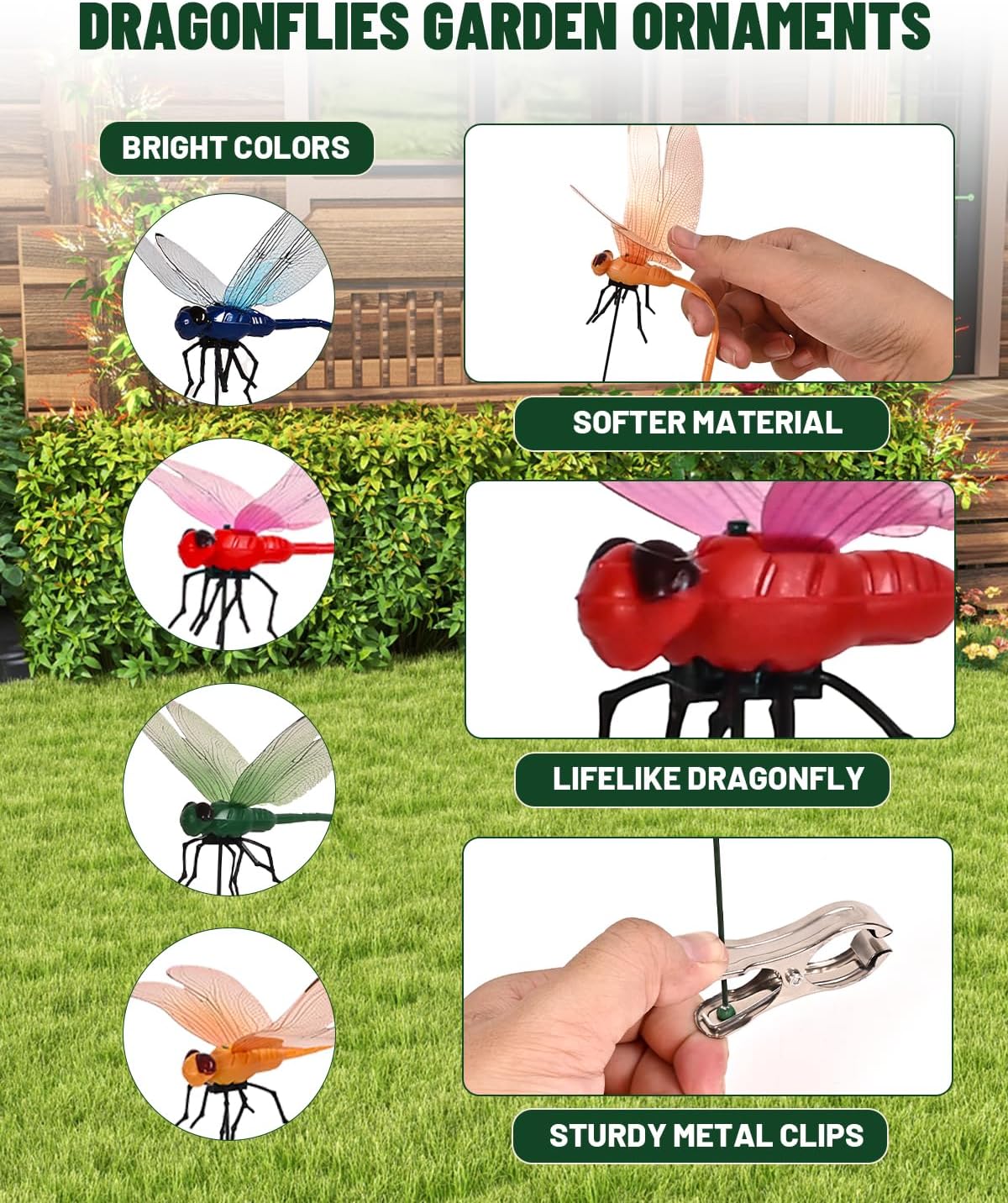 12 Pack Fake Dragonflies, Hat Clip Artificial Realistic 3D Dragonflies Garden Stakes Decor and Horse Fly Deterrent, Dragonfly Humming Bird Stakes, Fly Scare Devices for Indoor Outdoor