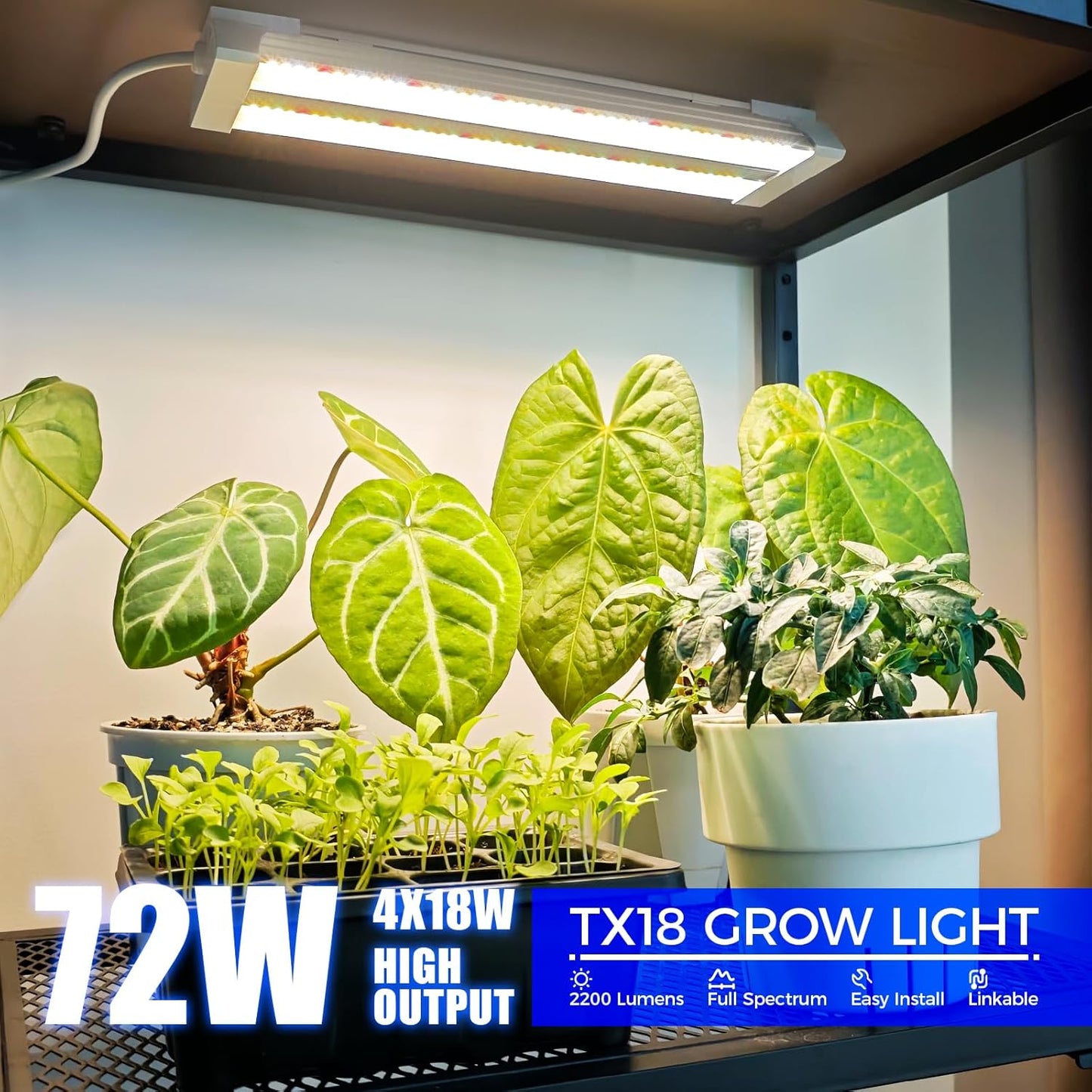 Barrina TX18 1FT Grow Light, 72W(4 x 18W, 360W Equivalent), High PPFD, Full Spectrum with 660nm Red LEDs, Grow Light Strip for Indoor Plants with On/Off Switch, Mechanical Timer, Linkable, 4 Packs