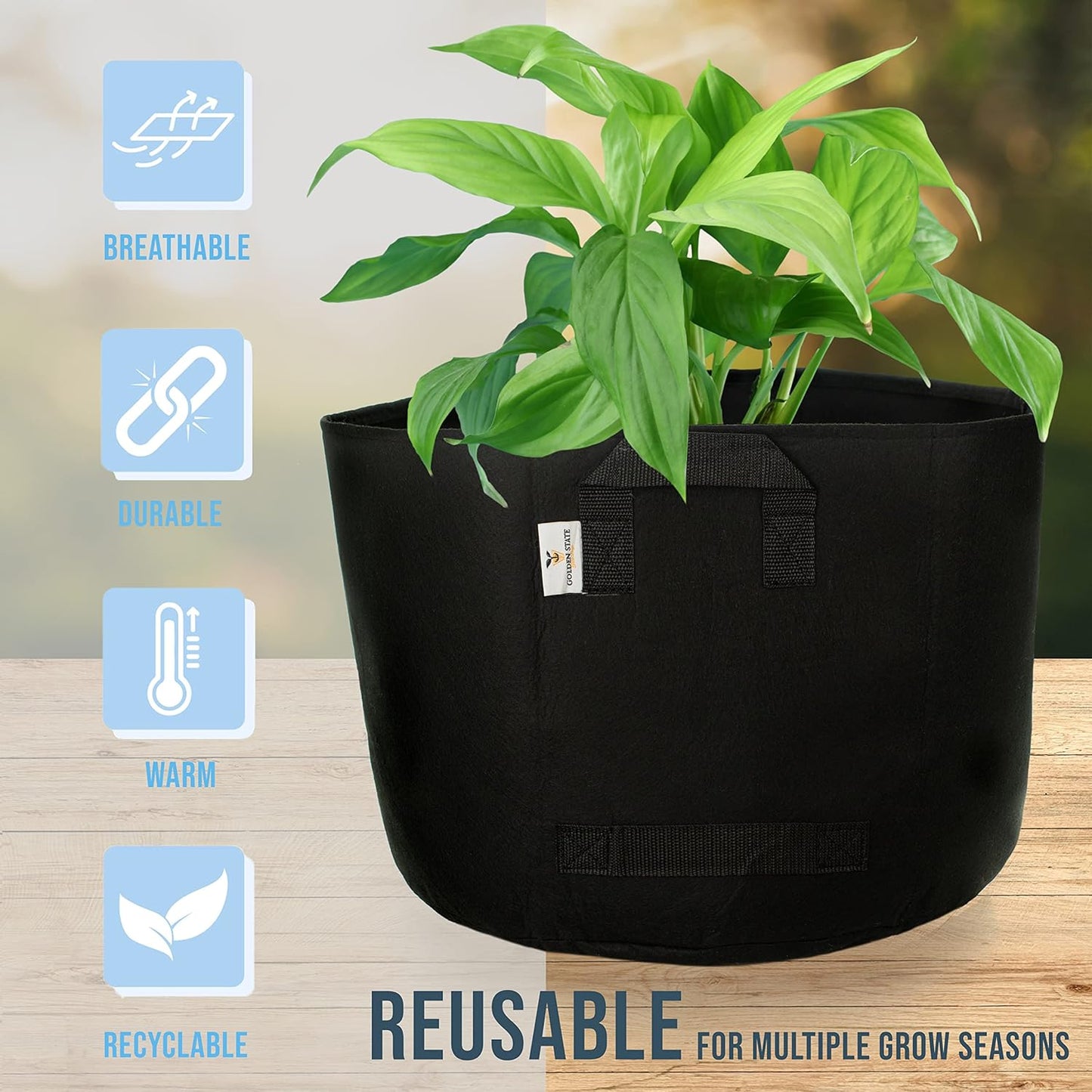 Grow Bags: 5-Pack (Size: 10 Gallon): 300gsm Black Felt Fabric, Biodegradable and eco-Friendly Material. (Handles + Dumping Handles-pat.Pend).