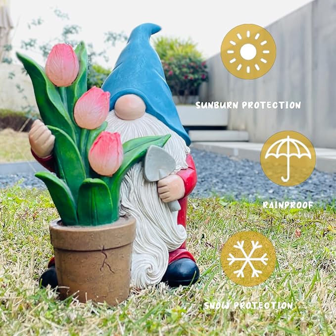 Garden Gnome Statue, Sculpture of a Dwarf Holding a Shovel and a Flower Pot, Solar Gnome Statues Outdoor Decor, Outside Lawn Patio Yard Ornament Gifts