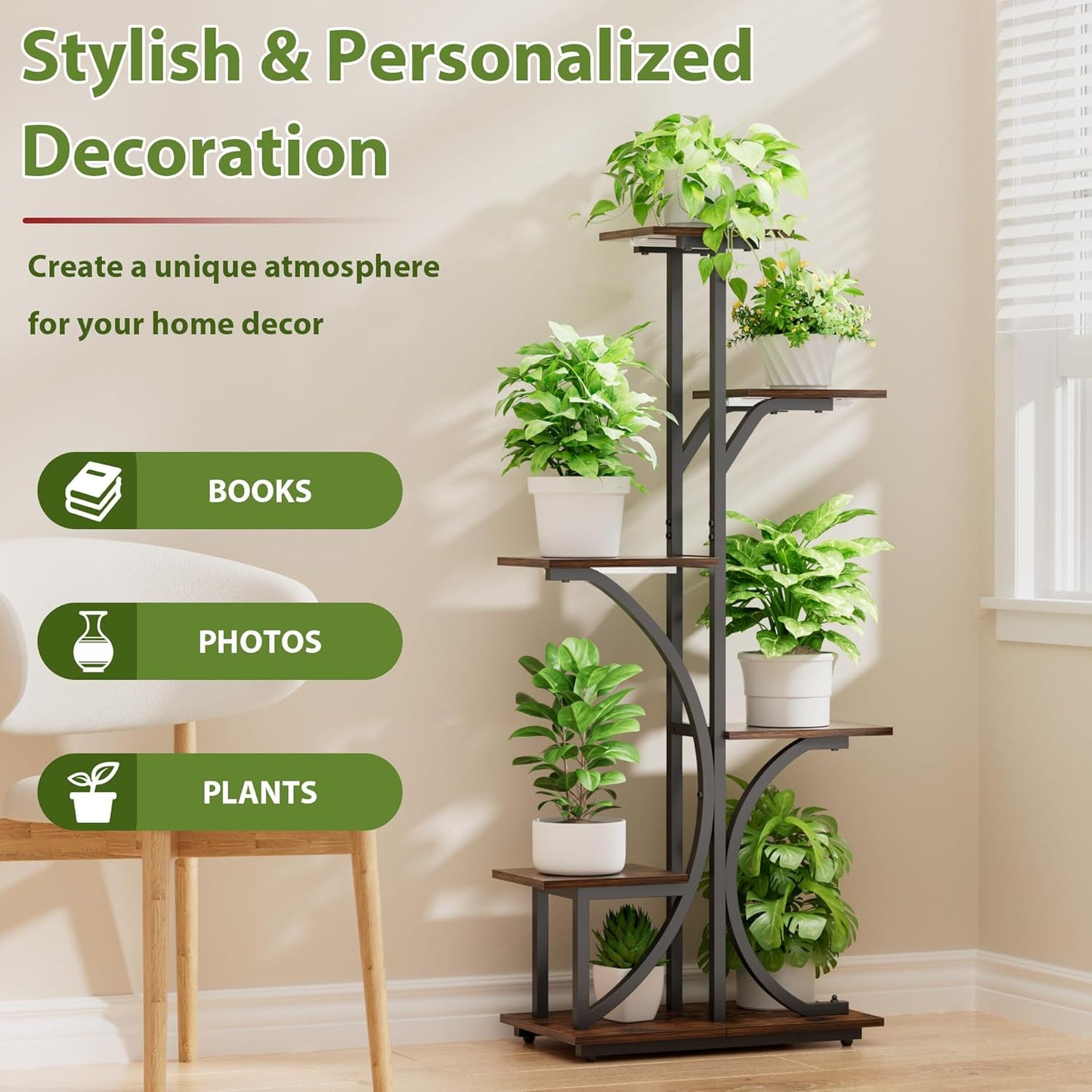 Plant Stand with Grow Lights Indoor, 6 Tiered Plant Shelf, 45" Corner Display Storage Shelf, Curved Design Flower Stand for Living Room, Bedroom, Patio Decor, Black