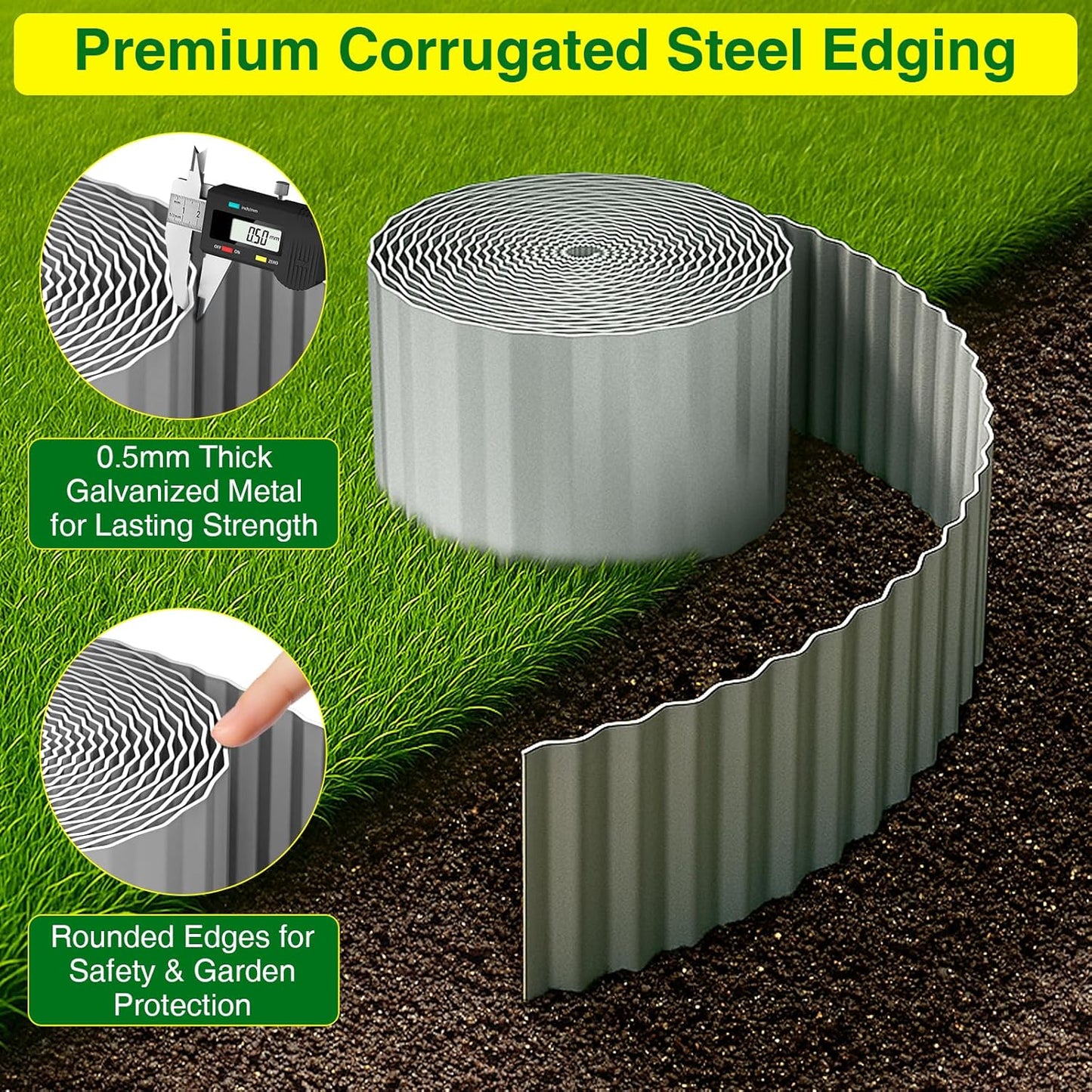 MIXC Corrugated Metal Garden Edging, Landscape Border for Lawn, Flower Bed & Paver (Silver, 6 Inch × 50FT)