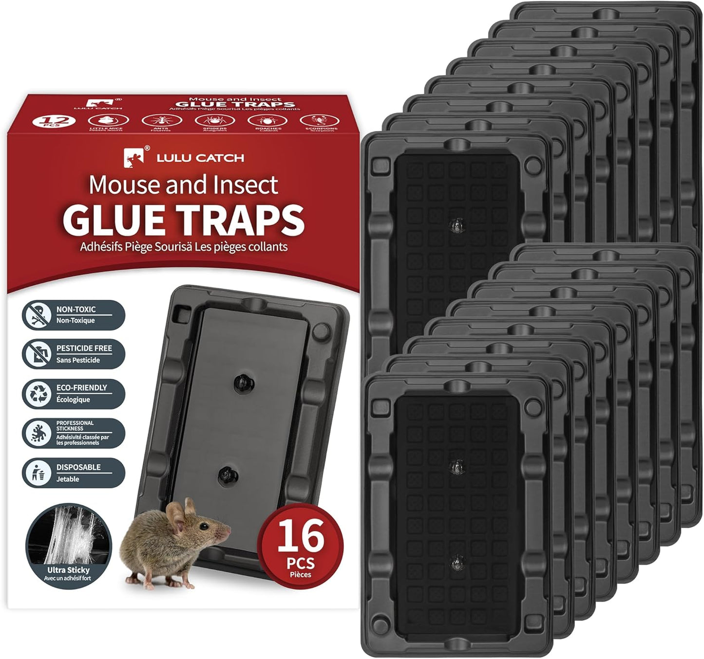 LULUCATCH Mouse & Insect Traps 16 Pack, Heavier Sticky Traps with Non-Toxic Glue for Small Mice & Insects. Sticky Mouse Traps Indoor, Easy to Set, Pet Safe Pest Control