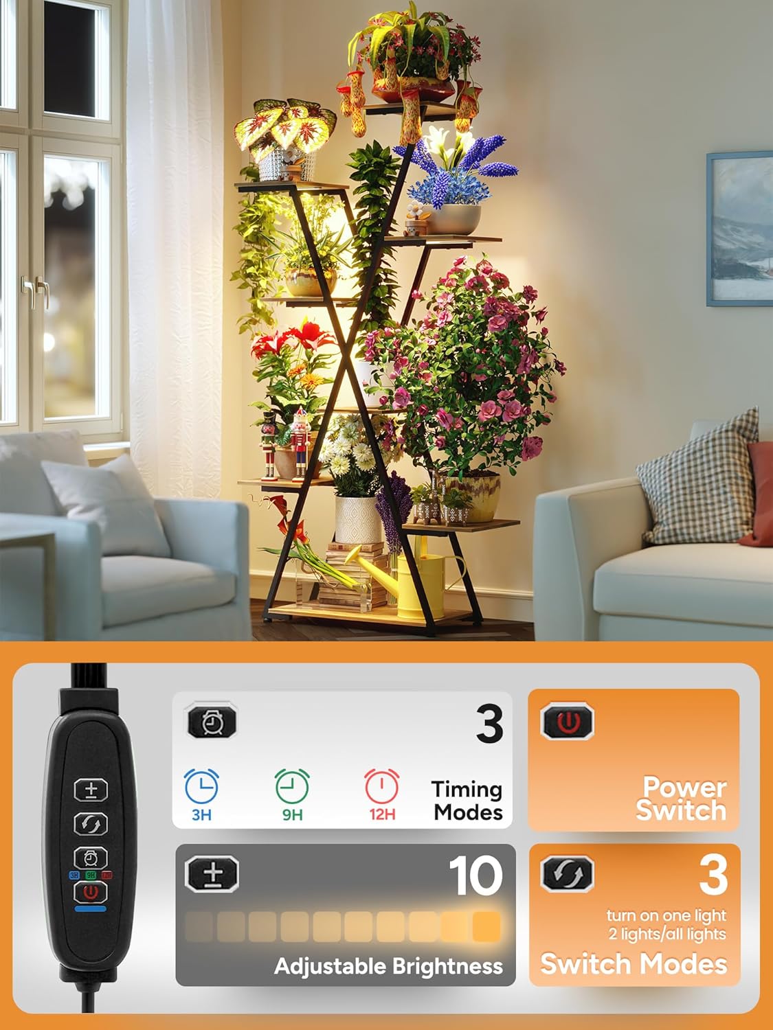 Lighted Plant Stand with Grow Lights – Tall Large Tiered Metal Corner Shelf Rack for Multiple Indoor Living Room Flower