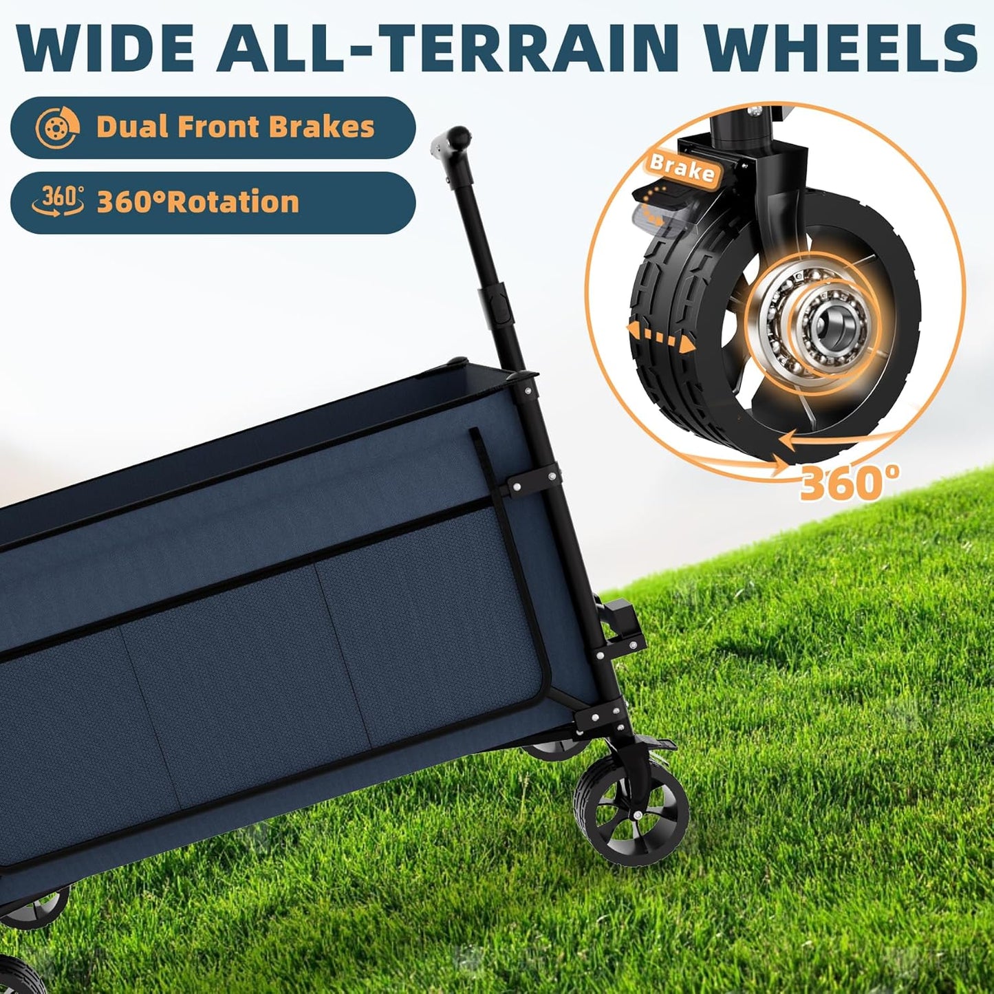 Favoyard Collapsible Wagon Carts Foldable 150L & 360LBS Portable Folding Wagons with All-Terrain Wheels & Brakes Heavy Duty Outdoor Utility Cart for Beach Grocery Camping Shopping Sports Garden, Blue