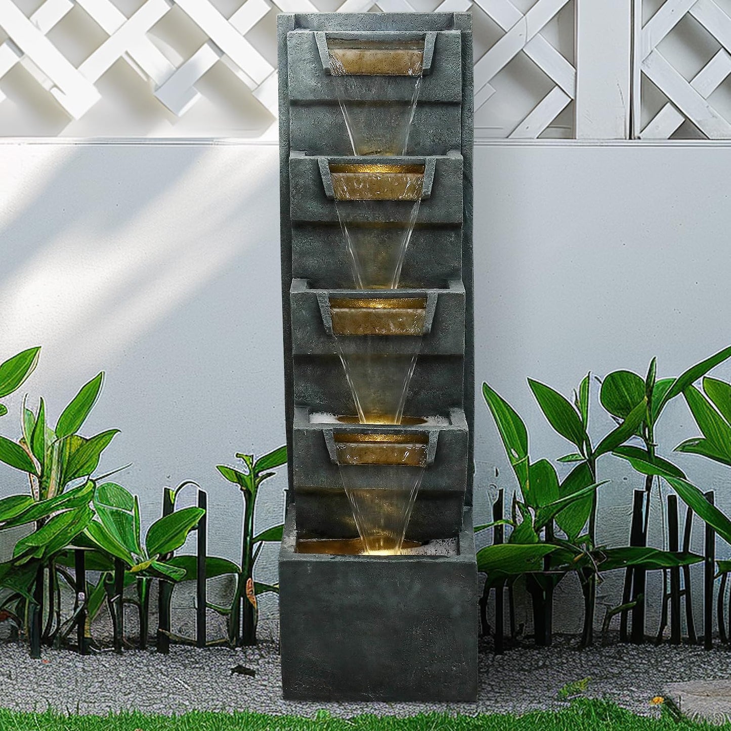 SunJet 39.3inches High Modern Water Fountain – 5-Tier Outdoor/Indoor Water Fountain with Soothing Water Sounds & Warm LED Light, Perfect for Garden, Patio, Home & Office