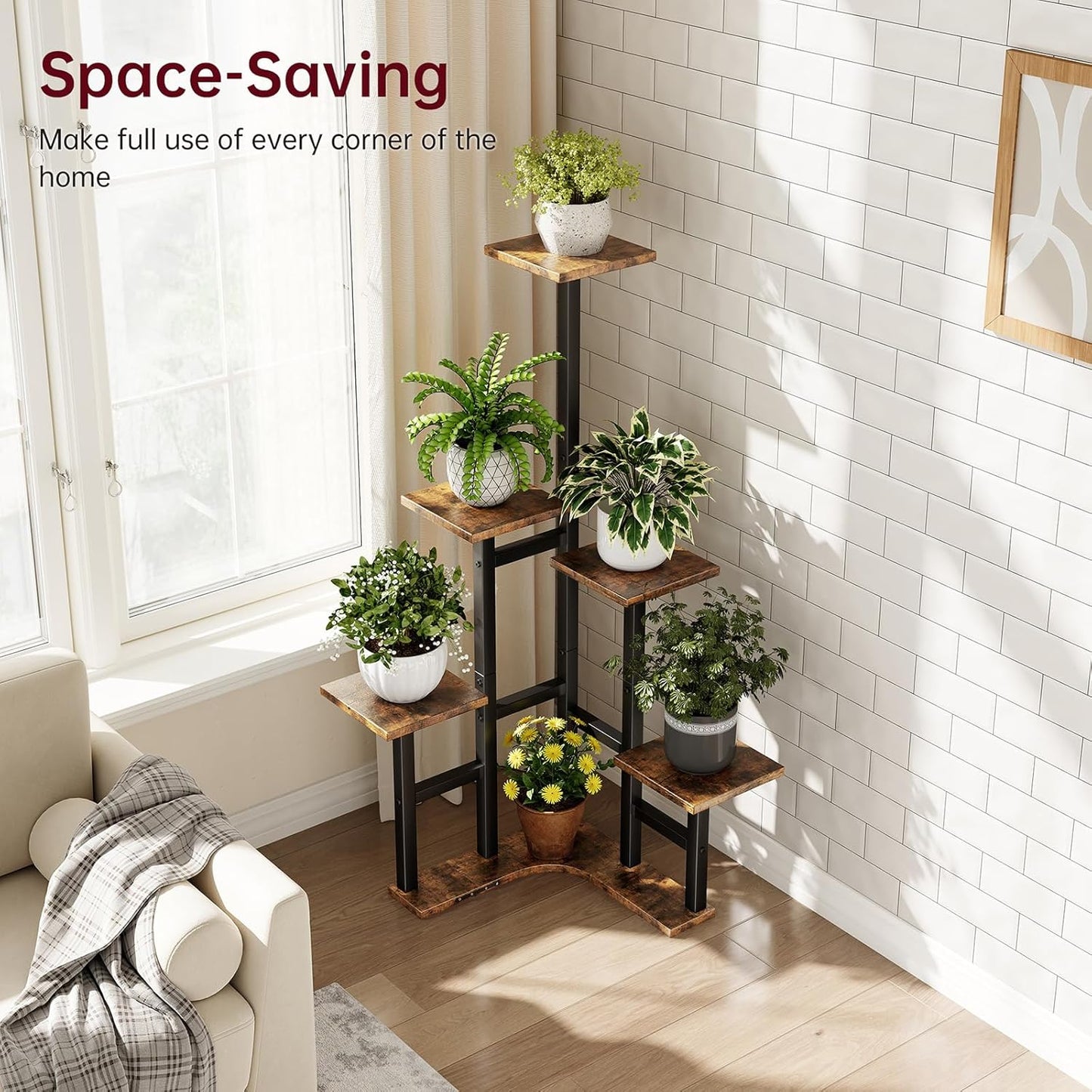 Corner Plant Stand Indoor, 6 Tiered Corner Plant Shelf Flower Stand for Multiple Plants, Plant Shelves Organizer Rack for Living Room, Balcony, Patio, Garden, Square Rustic Brown