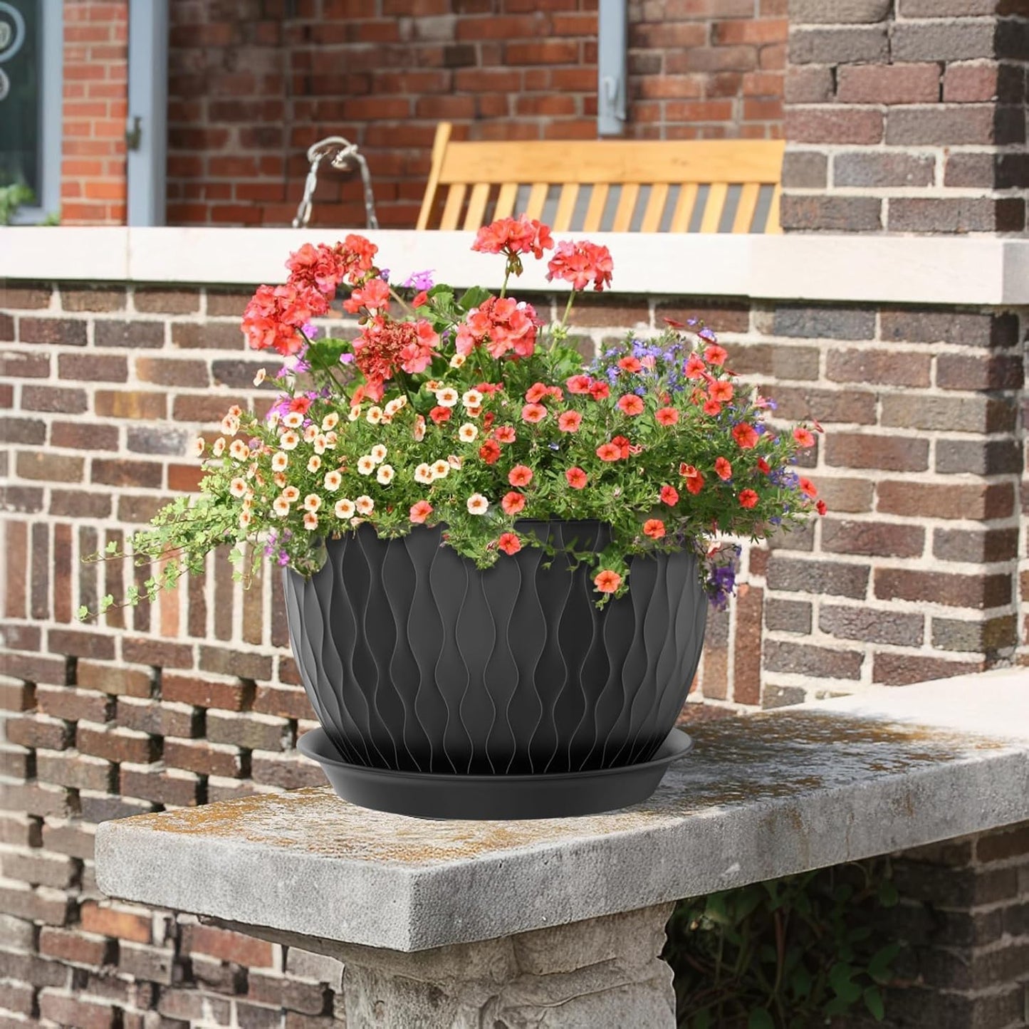 12/10/9 inch Large Plant Pots, 3 Pack Wide Flower Pots for Outdoor Indoor Plants with Water Ripples, Big Plastic Planters with Drainage Holes and Saucers for Garden House Plants, Black