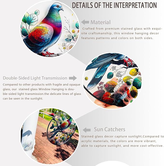 RIVEENY Stained Glass Window Hangings,8" Suncatcher Stained Glass Window Panels,Stained Panel Hangings Gift Women Girls Thanksgiving Birthday Gifts for Mom Grandma (Pigeon)