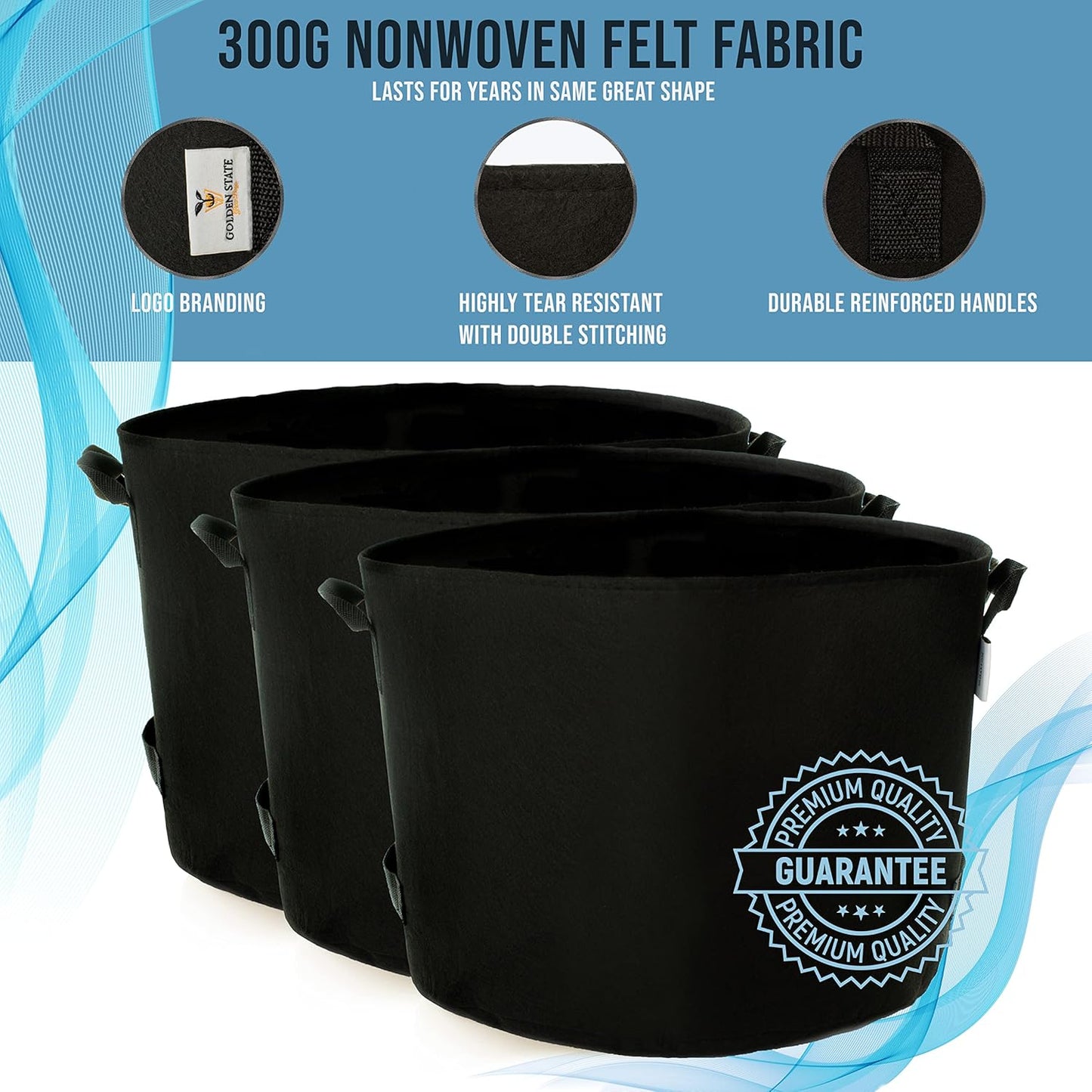 Grow Bags: 5-Pack (Size: 25 Gallon): 300gsm Black Felt Fabric, Biodegradable and eco-Friendly Material. (Handles + Dumping Handles-pat.Pend).