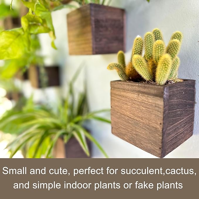 LaLaGreen Wood Planter Boxes for Plants (8 Pack, 4x4 Inch) Small Square Wall Mounted Planters for Indoor Plant, Herb Wooden Box Hanging Flower Pot Plant Holder Outdoor Fence Vertical Garden Home Decor